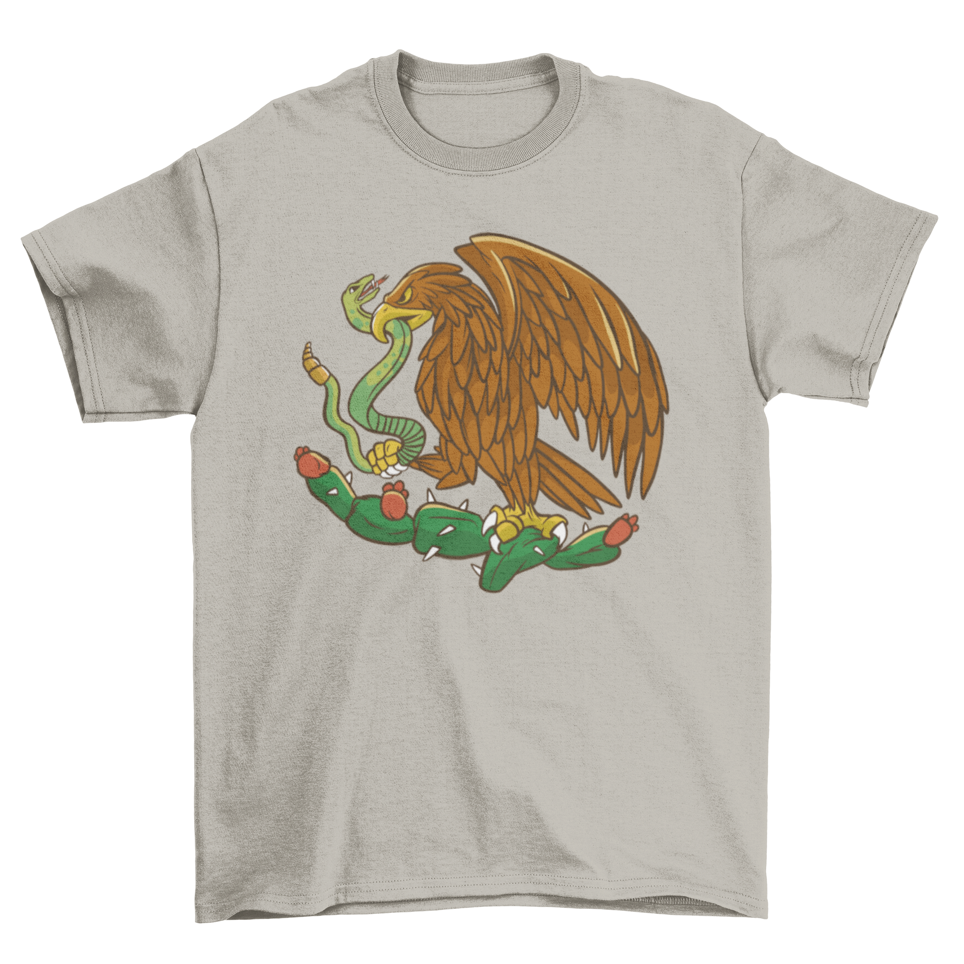 Cartoon t-shirt featuring a wild Mexican eagle and snake entwined in a cactus design.