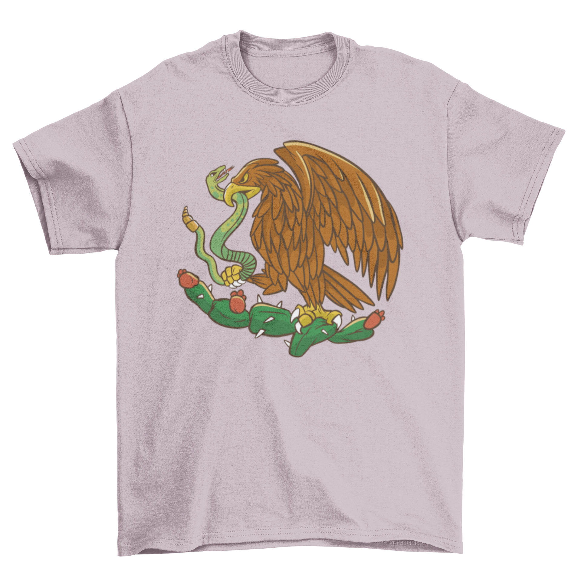 Cartoon t-shirt featuring a wild Mexican eagle and snake entwined in a cactus design.