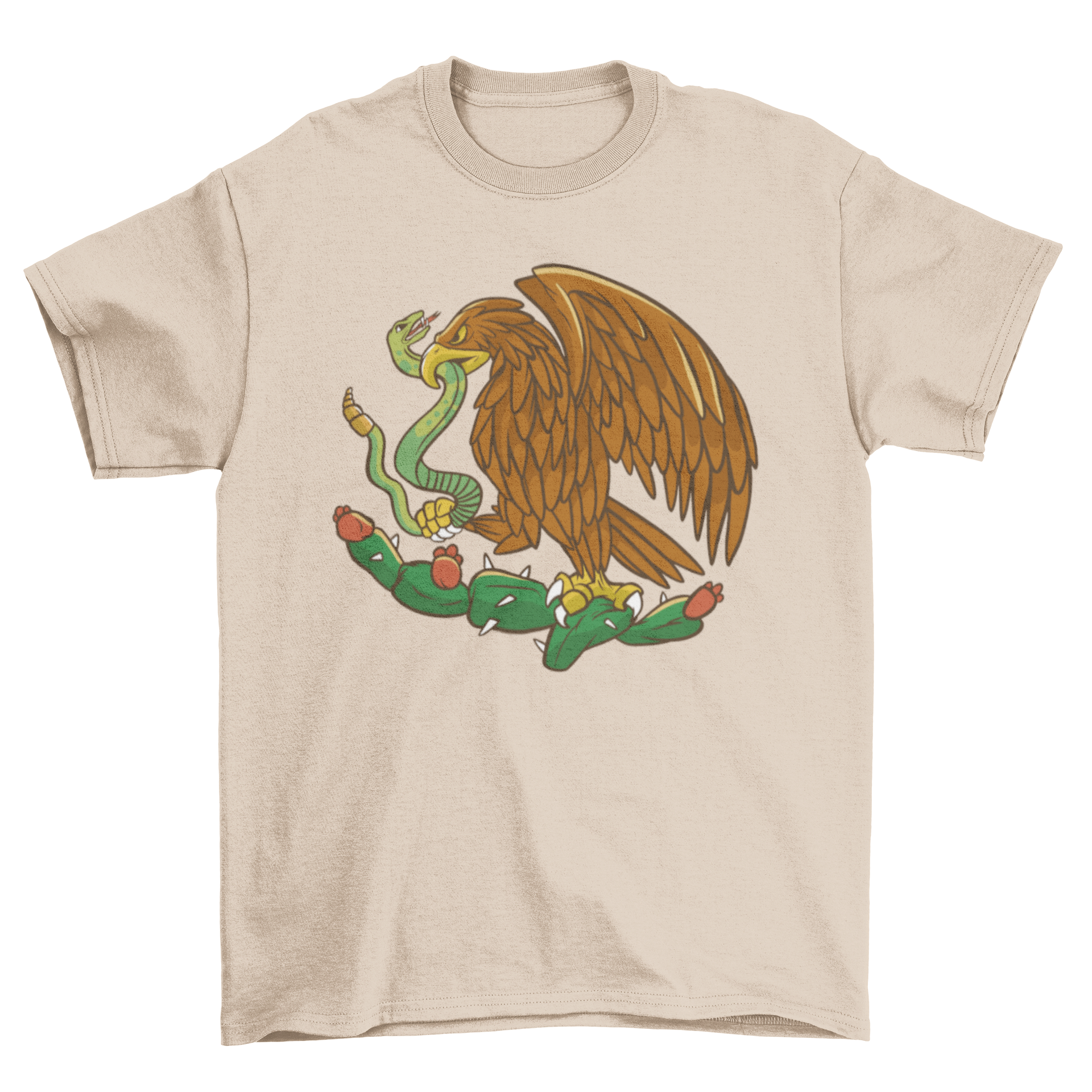 Cartoon t-shirt featuring a wild Mexican eagle and snake entwined in a cactus design.