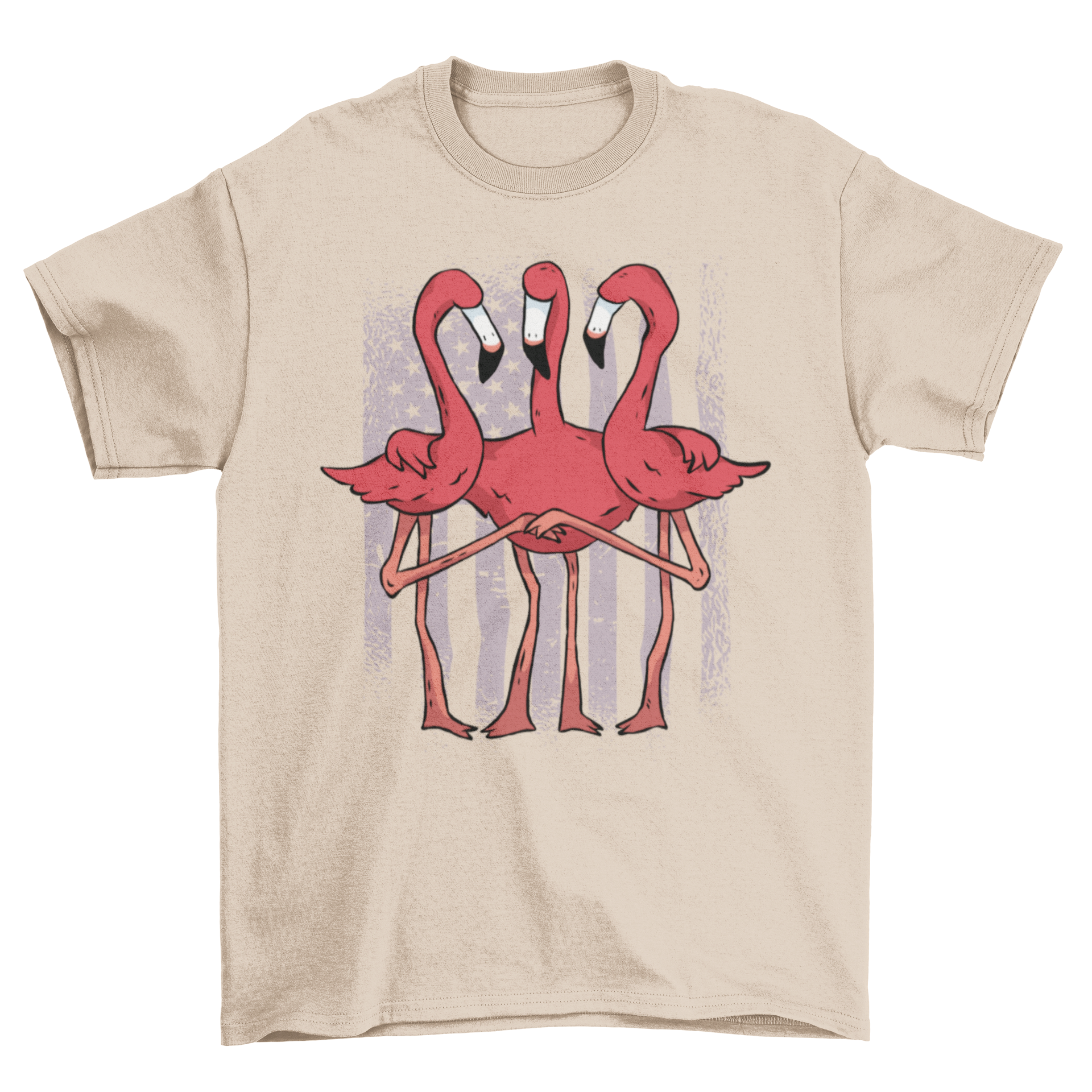 A vibrant t-shirt design featuring three pink flamingos hugging with the United States flag in the background.