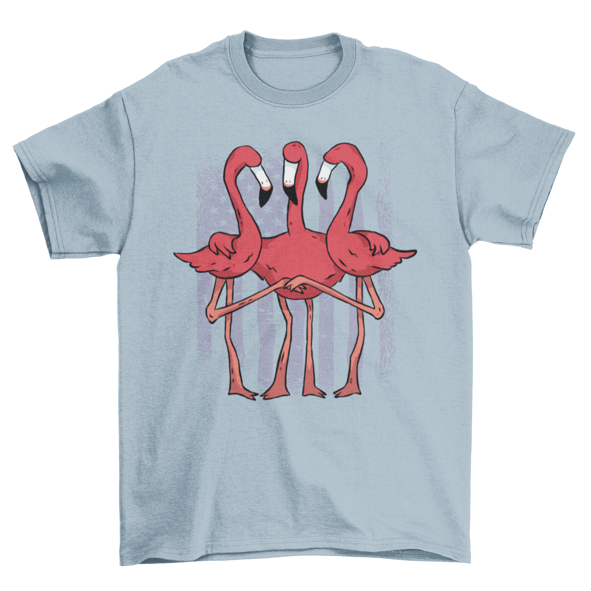 A vibrant t-shirt design featuring three pink flamingos hugging with the United States flag in the background.