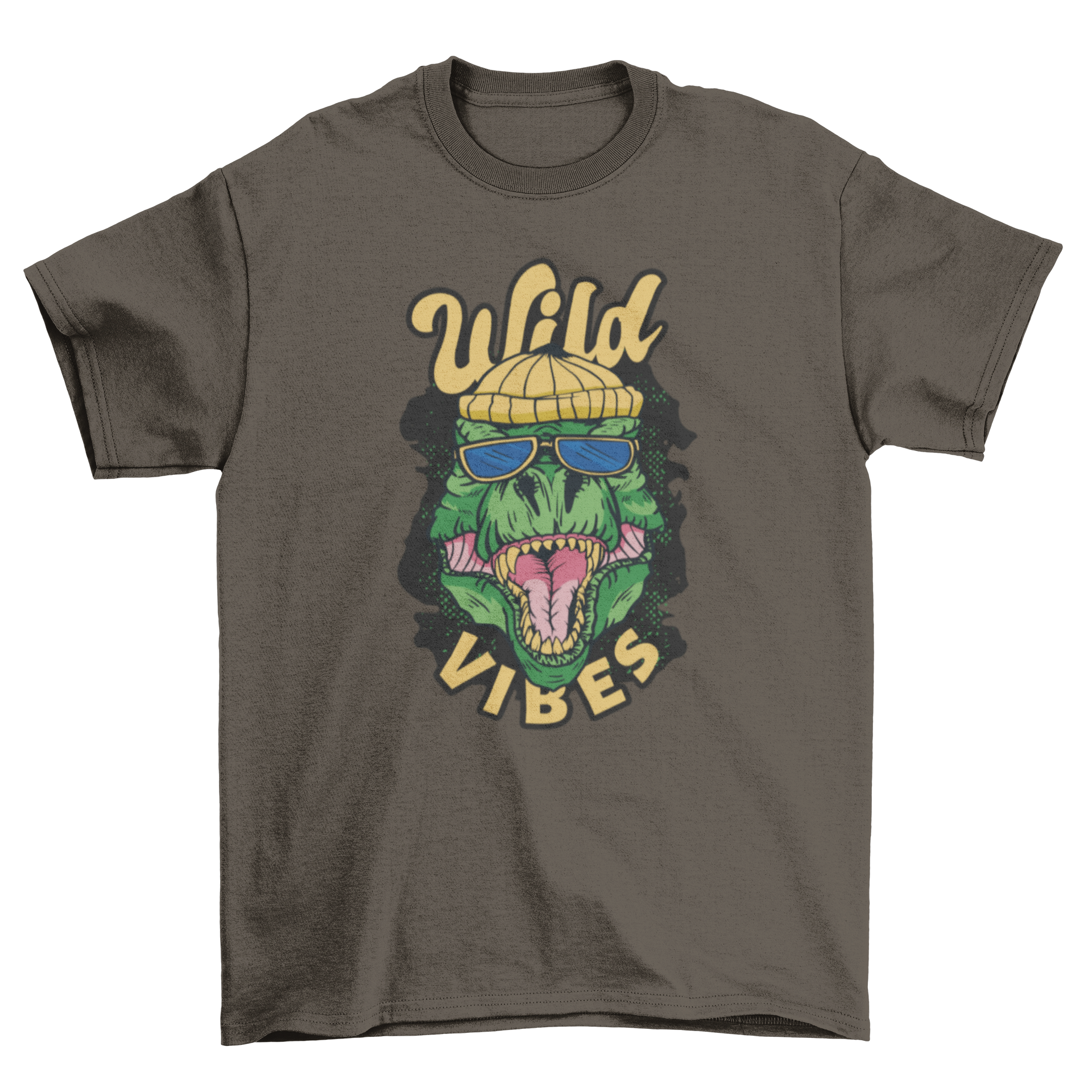 A stylish Urban T-Rex T-Shirt featuring a hipster dinosaur design with the quote 'Wild vibes'.