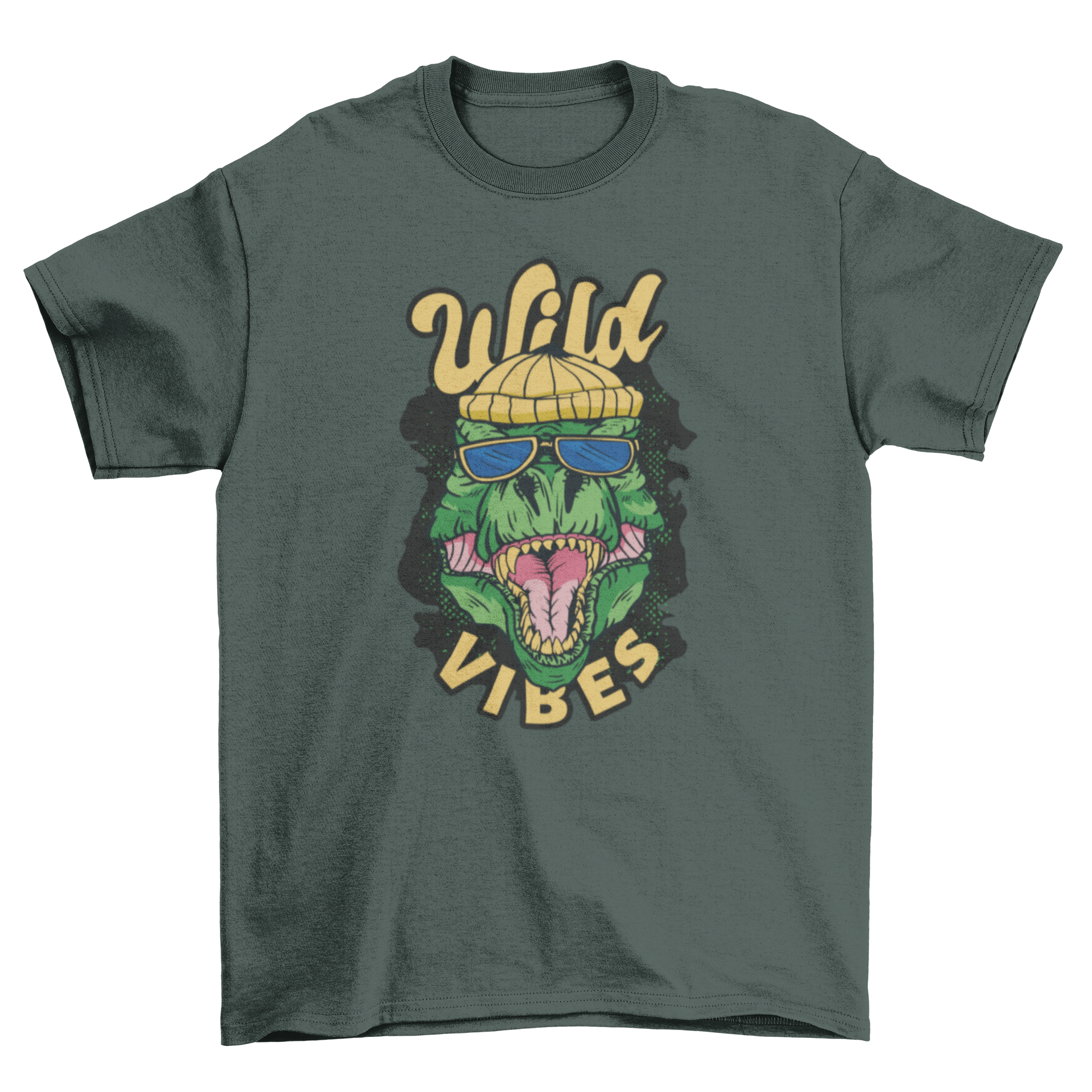 A stylish Urban T-Rex T-Shirt featuring a hipster dinosaur design with the quote 'Wild vibes'.