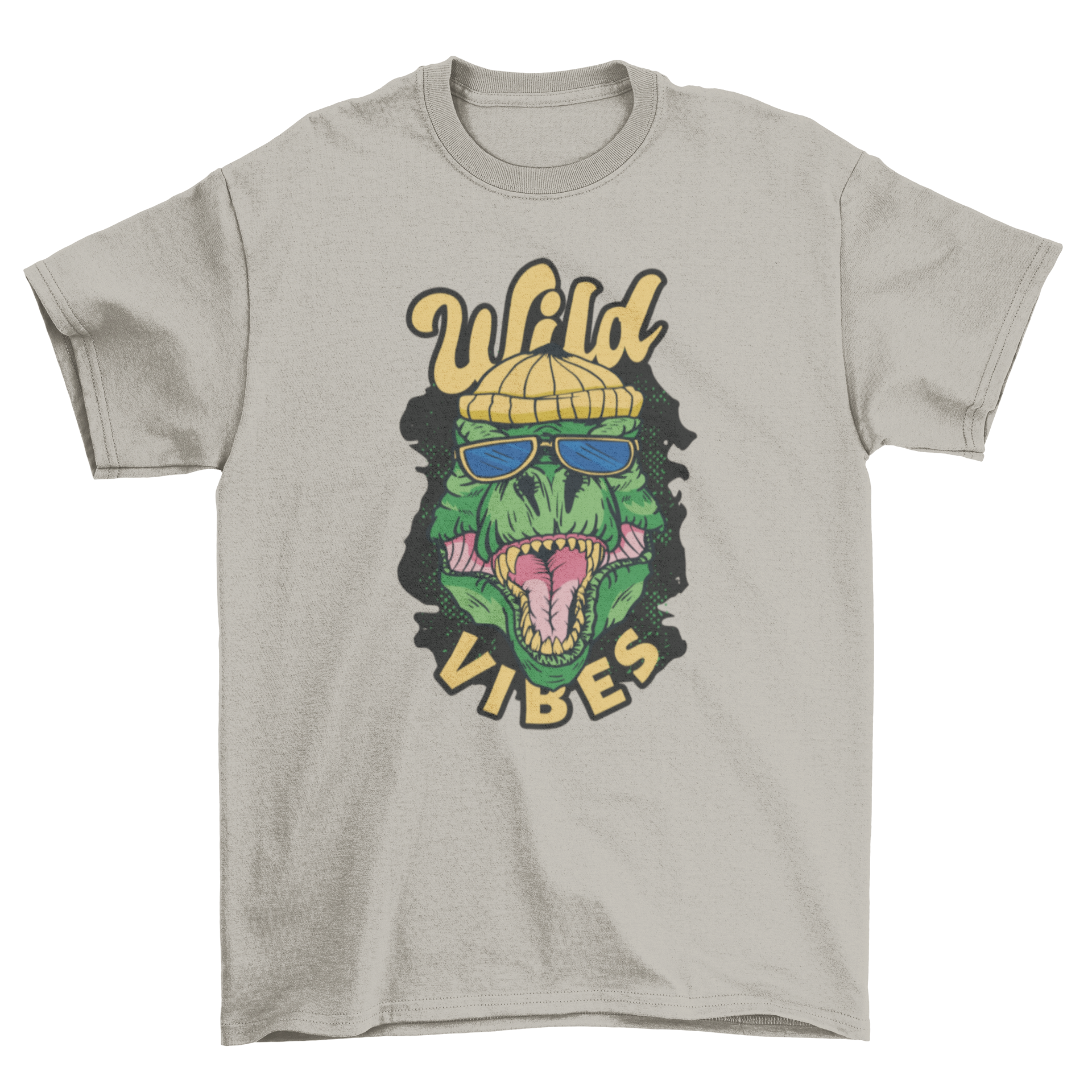 A stylish Urban T-Rex T-Shirt featuring a hipster dinosaur design with the quote 'Wild vibes'.