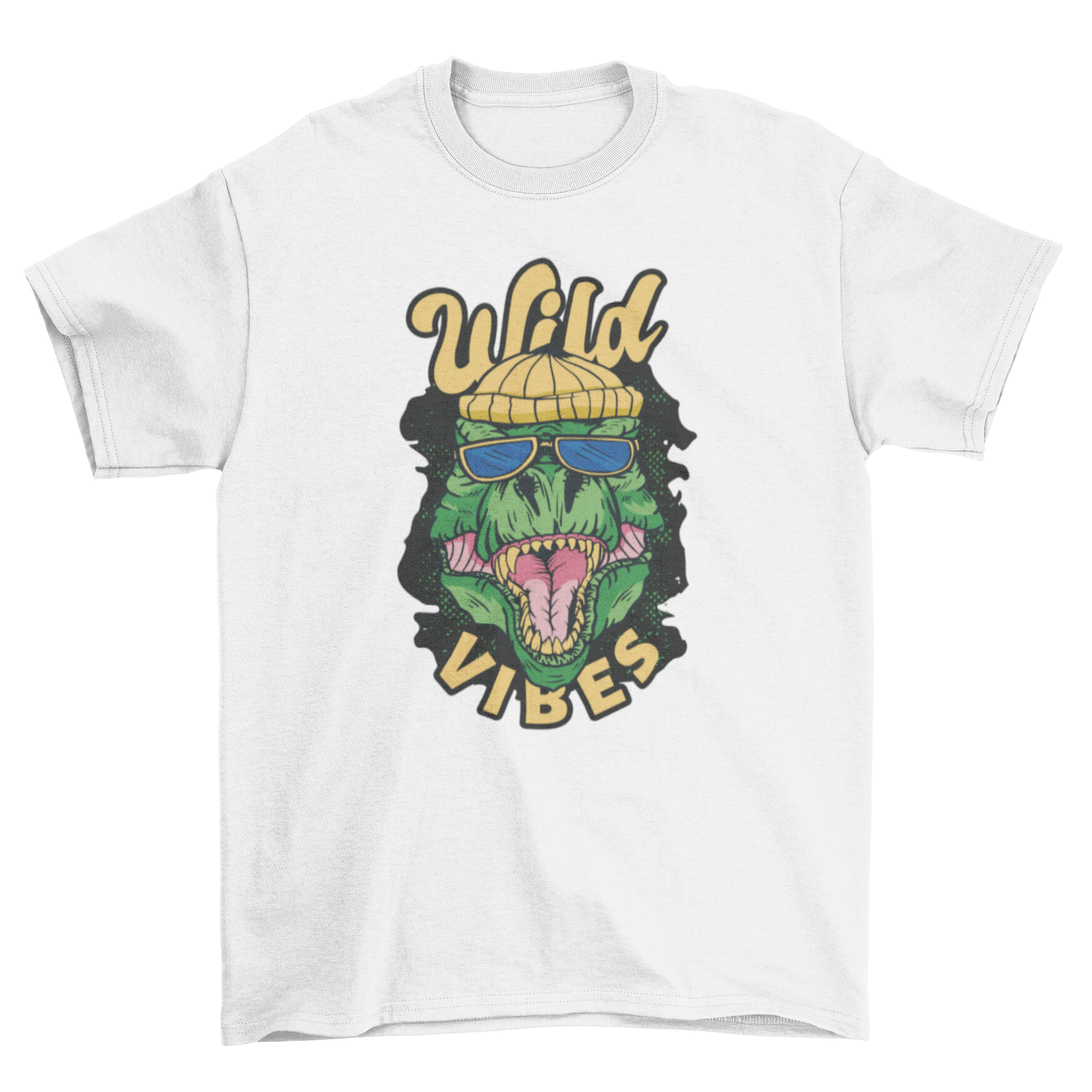 A stylish Urban T-Rex T-Shirt featuring a hipster dinosaur design with the quote 'Wild vibes'.