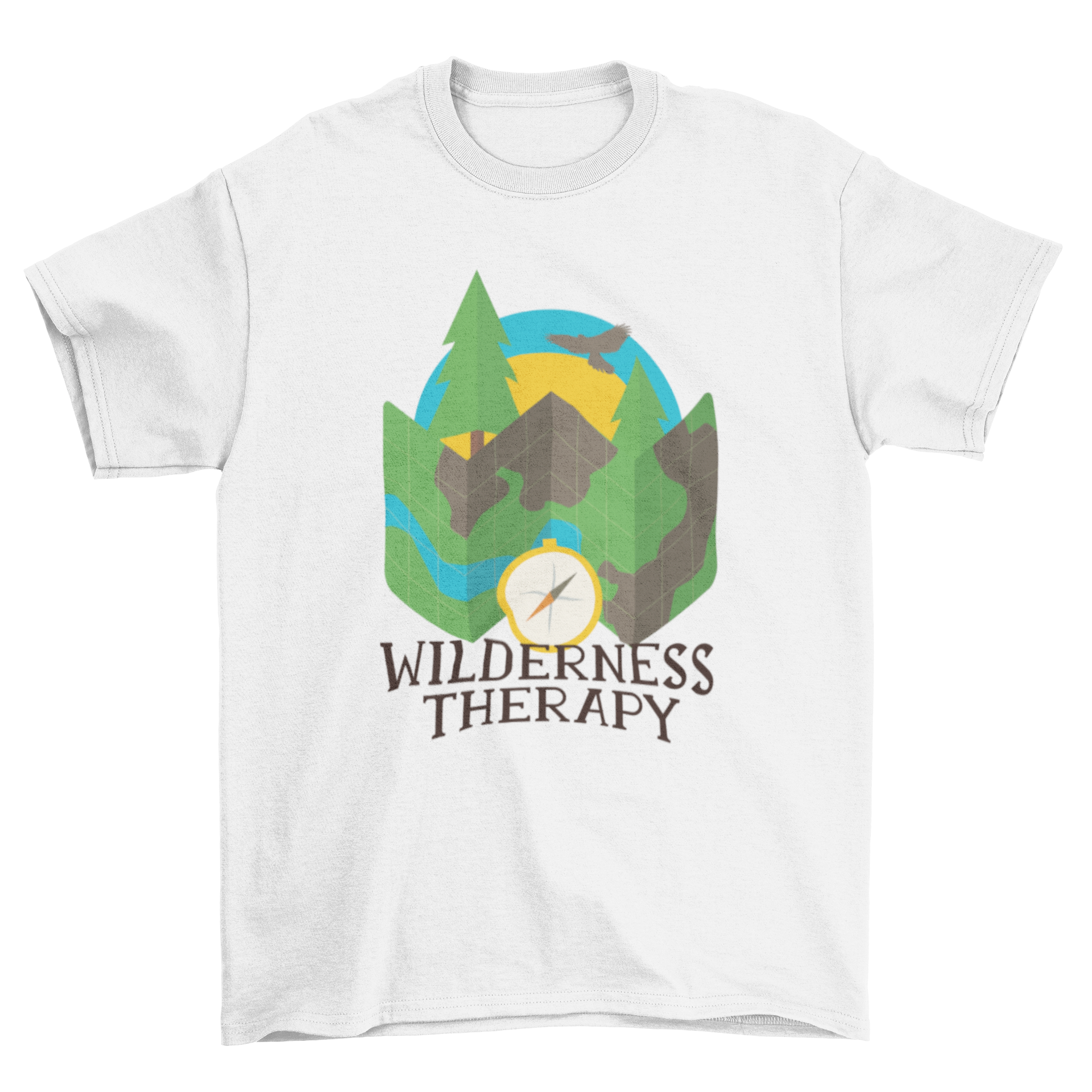 Wilderness Camping T-Shirt featuring a nature map, compass, and forest graphic, perfect for outdoor enthusiasts.