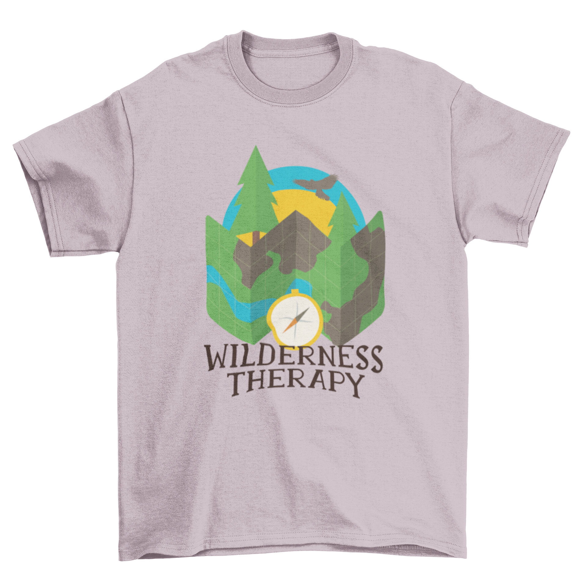 Wilderness Camping T-Shirt featuring a nature map, compass, and forest graphic, perfect for outdoor enthusiasts.