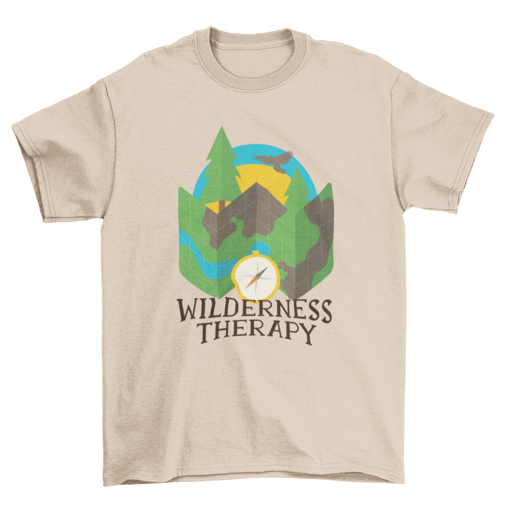 Wilderness Camping T-Shirt featuring a nature map, compass, and forest graphic, perfect for outdoor enthusiasts.