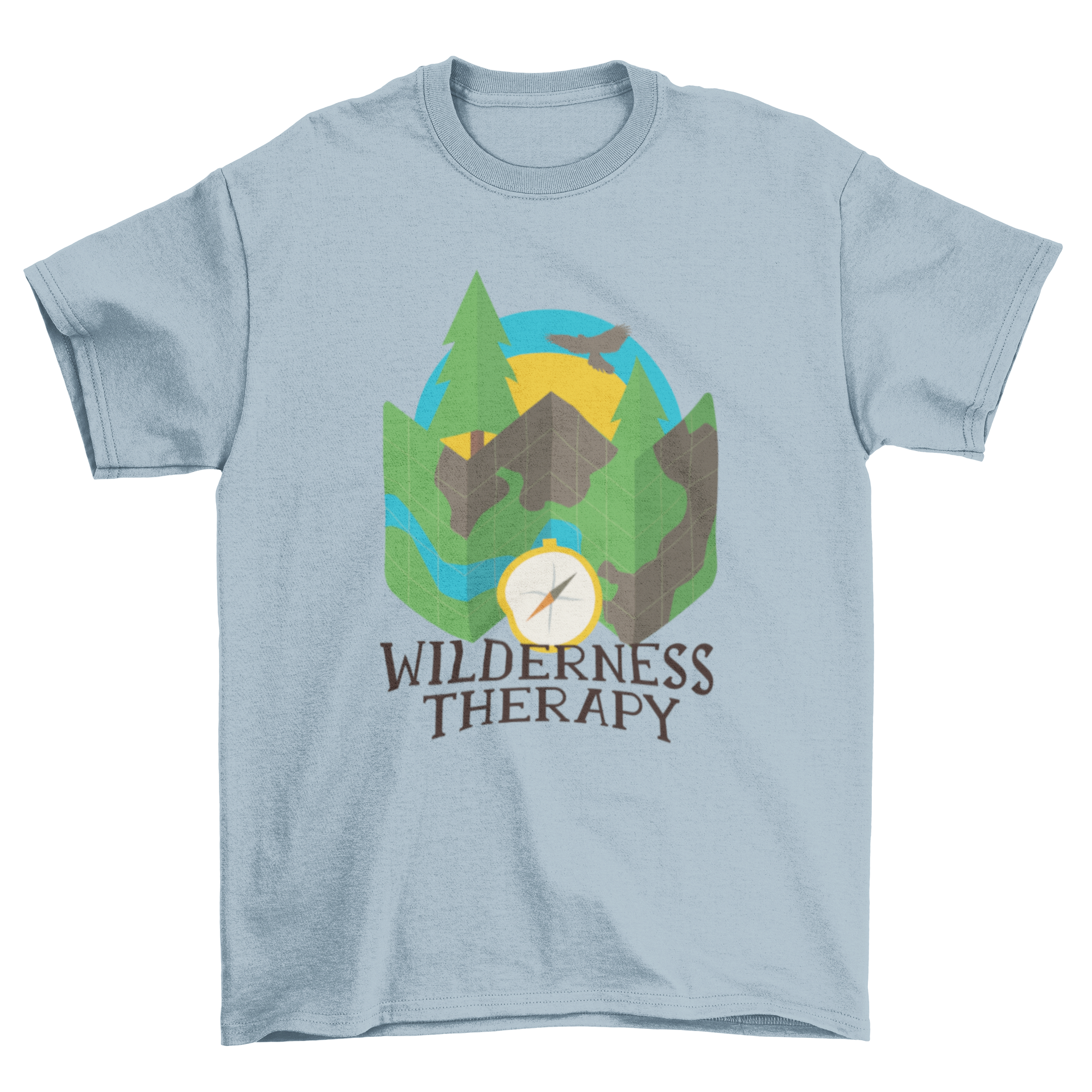 Wilderness Camping T-Shirt featuring a nature map, compass, and forest graphic, perfect for outdoor enthusiasts.