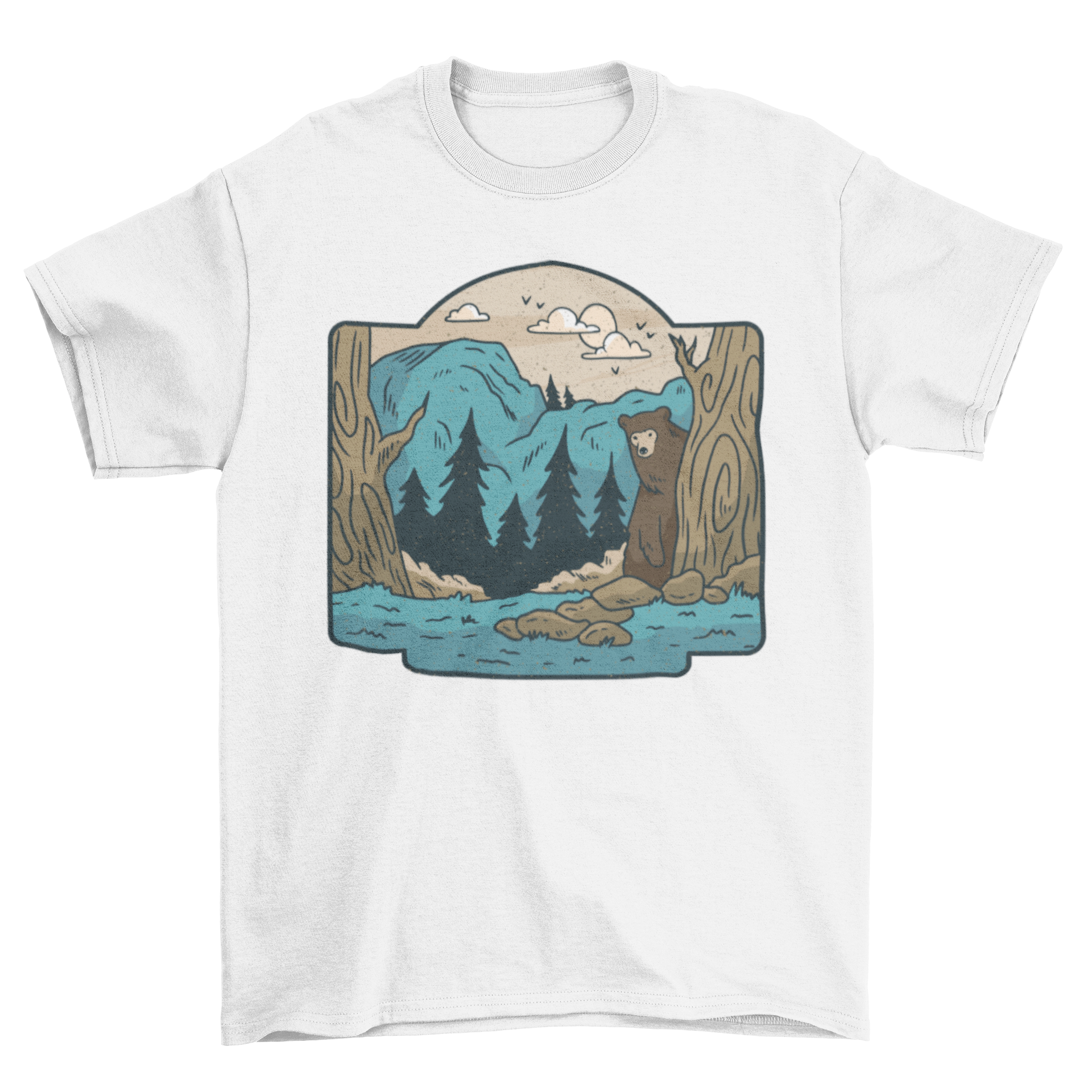 Wilderness t-shirt featuring a nature landscape with mountains, trees, and a grizzly bear design.