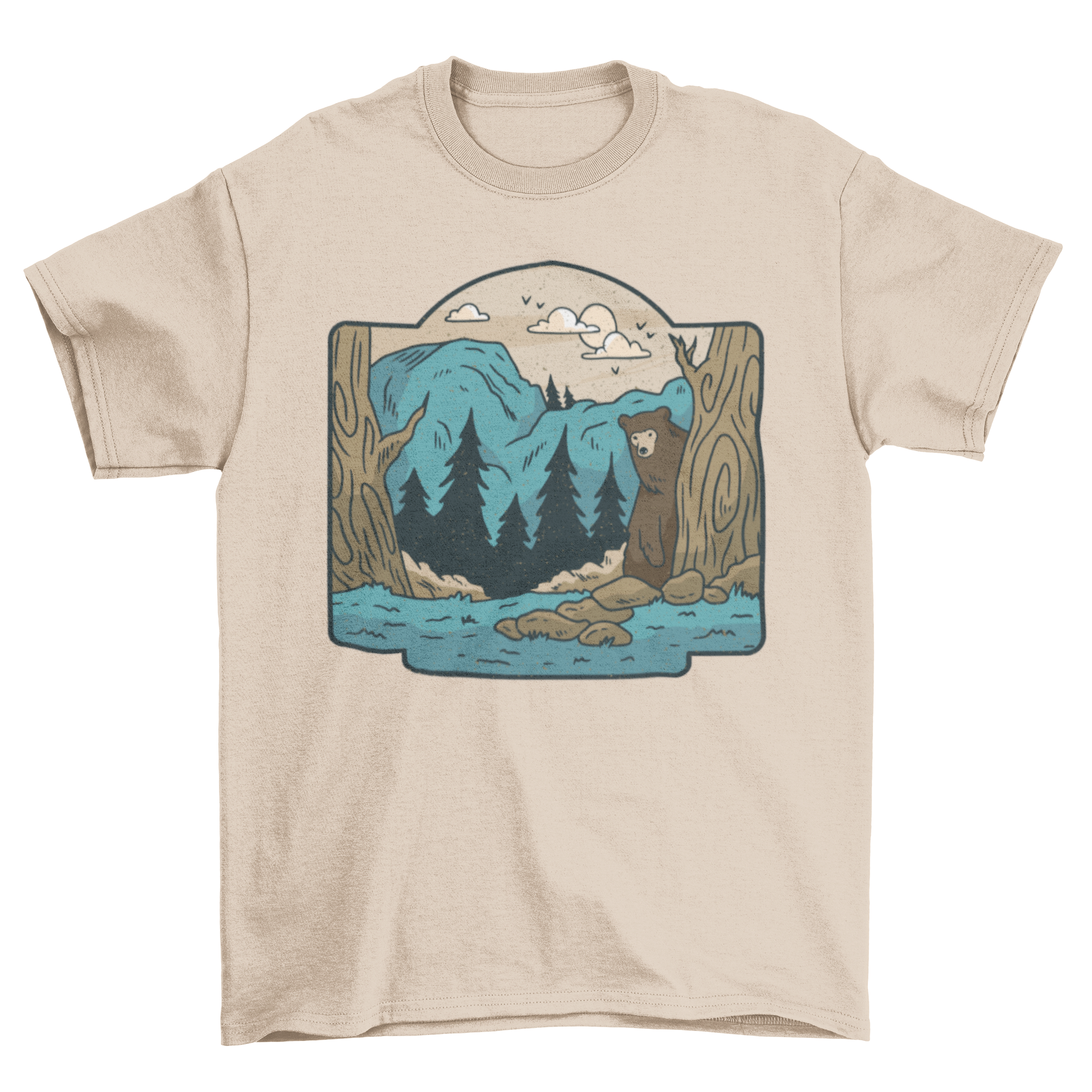 Wilderness t-shirt featuring a nature landscape with mountains, trees, and a grizzly bear design.