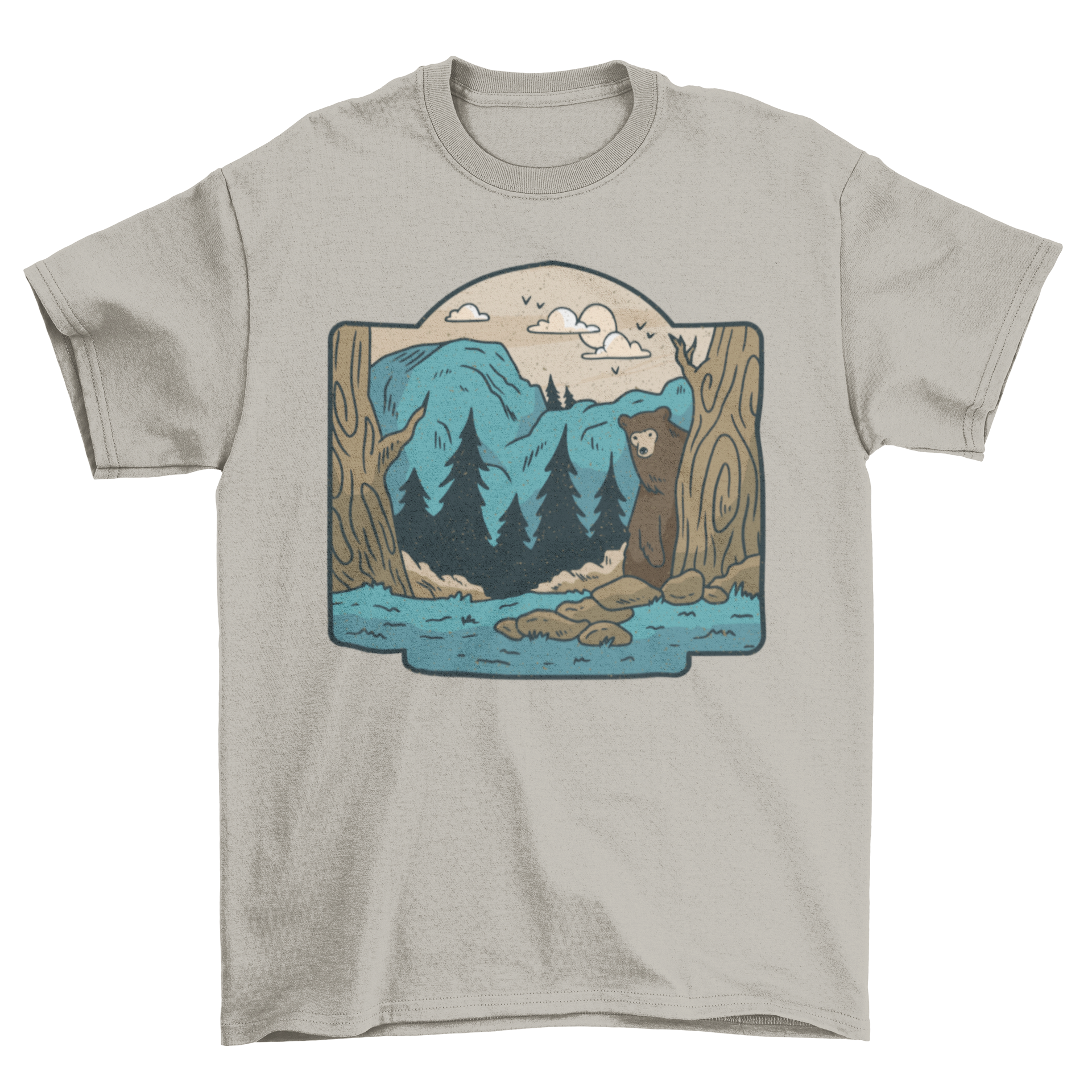 Wilderness t-shirt featuring a nature landscape with mountains, trees, and a grizzly bear design.