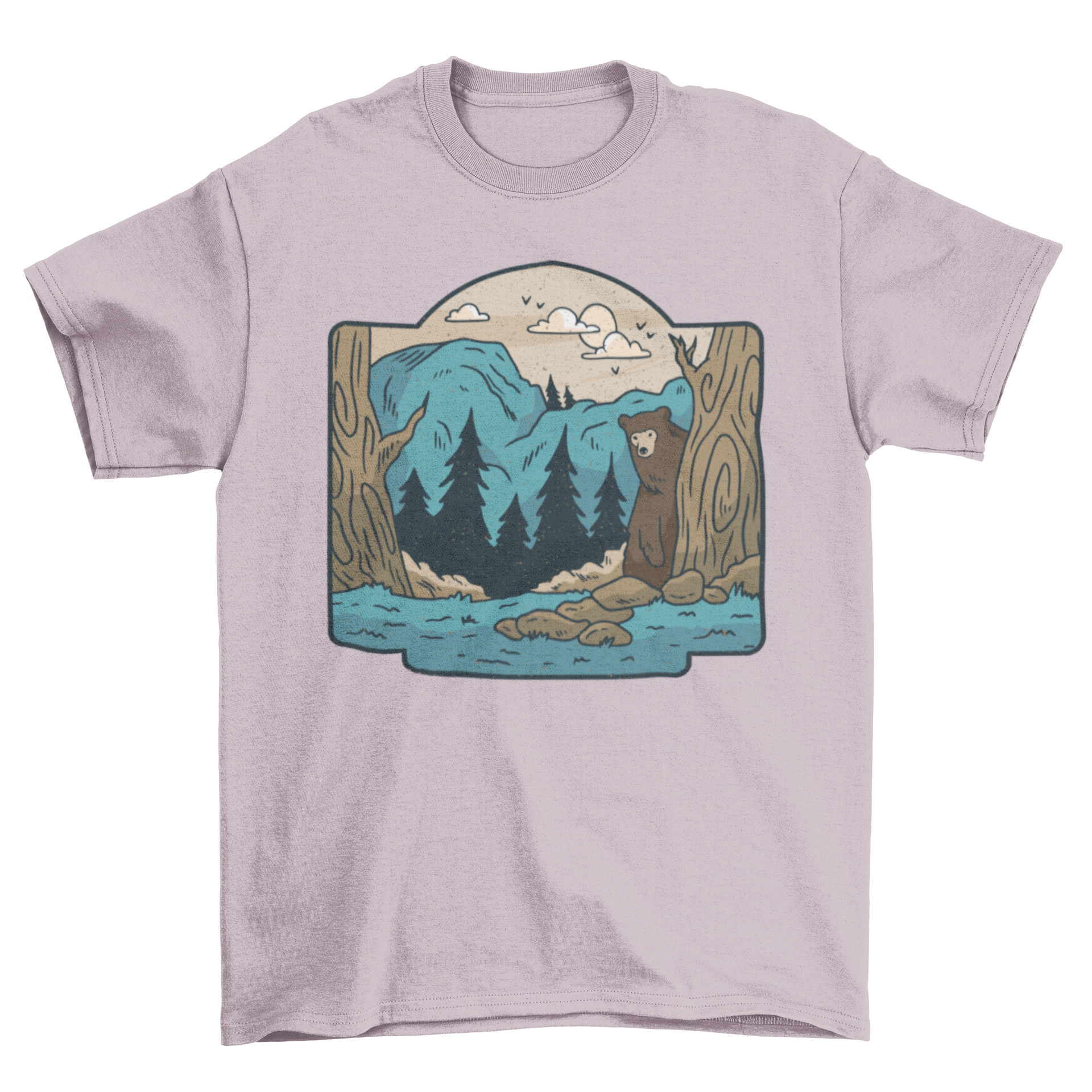 Wilderness t-shirt featuring a nature landscape with mountains, trees, and a grizzly bear design.