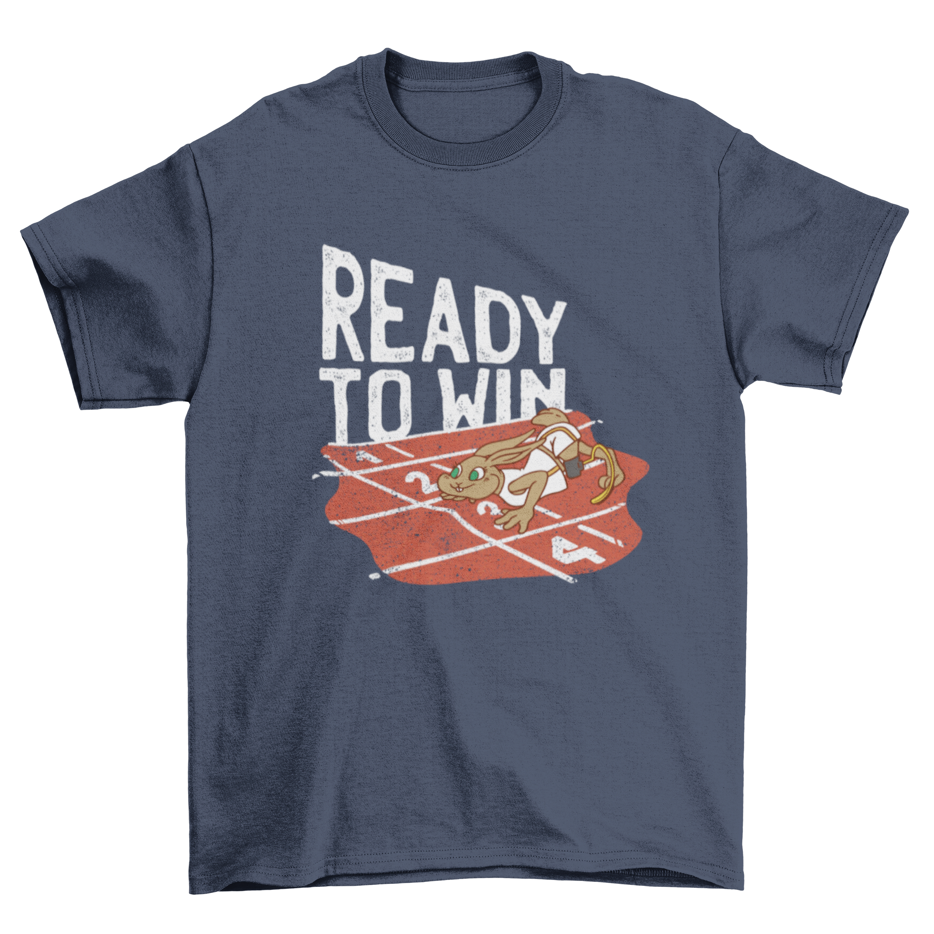 Win Paralympic Bunny T-Shirt featuring a bunny with a prosthetic leg and the quote 'Ready to win'.