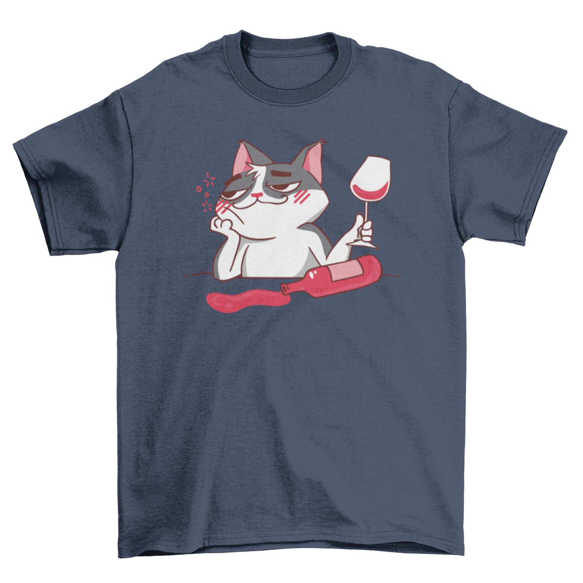 A humorous t-shirt featuring a cartoon cat drinking wine, showcasing a playful design perfect for cat and wine lovers.