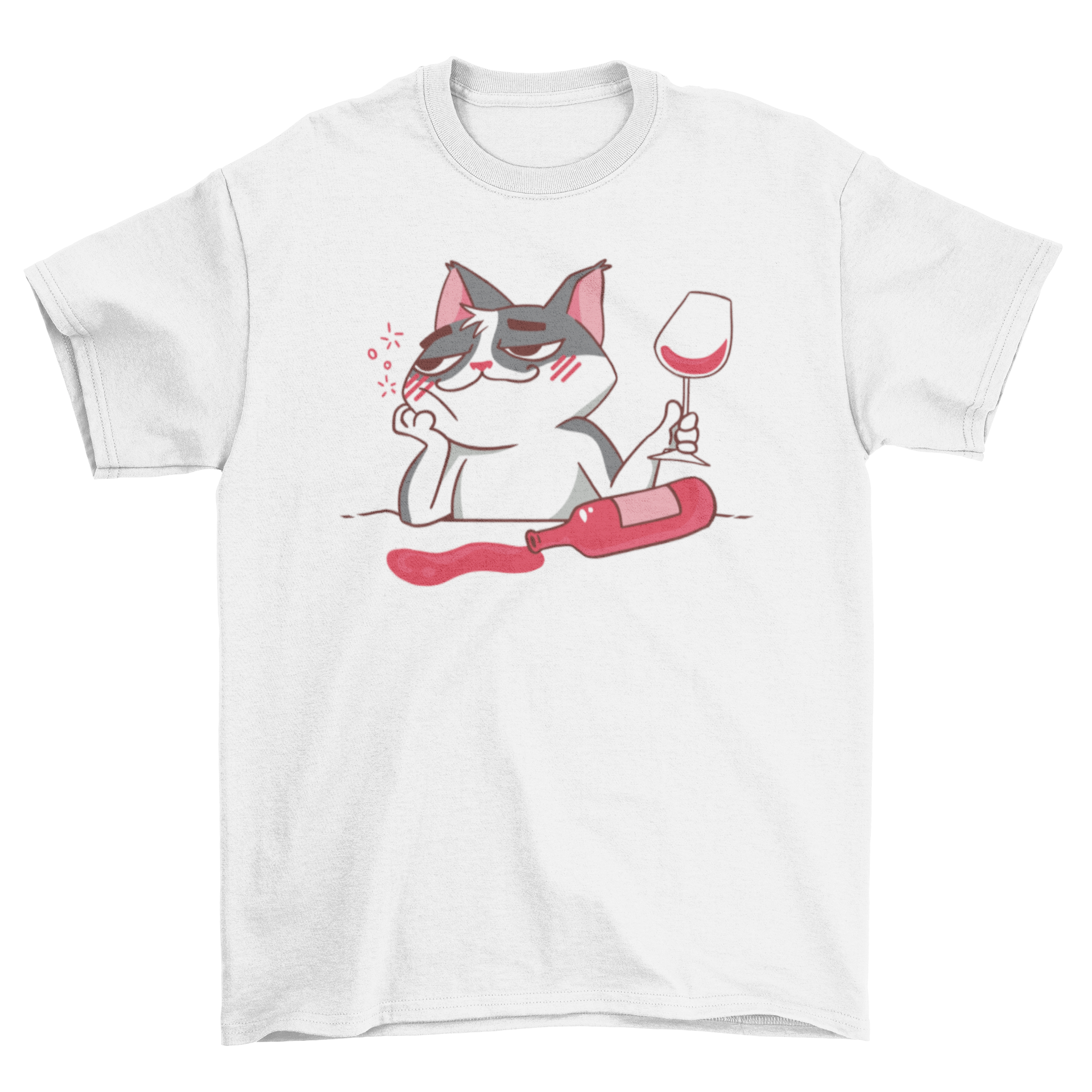 A humorous t-shirt featuring a cartoon cat drinking wine, showcasing a playful design perfect for cat and wine lovers.