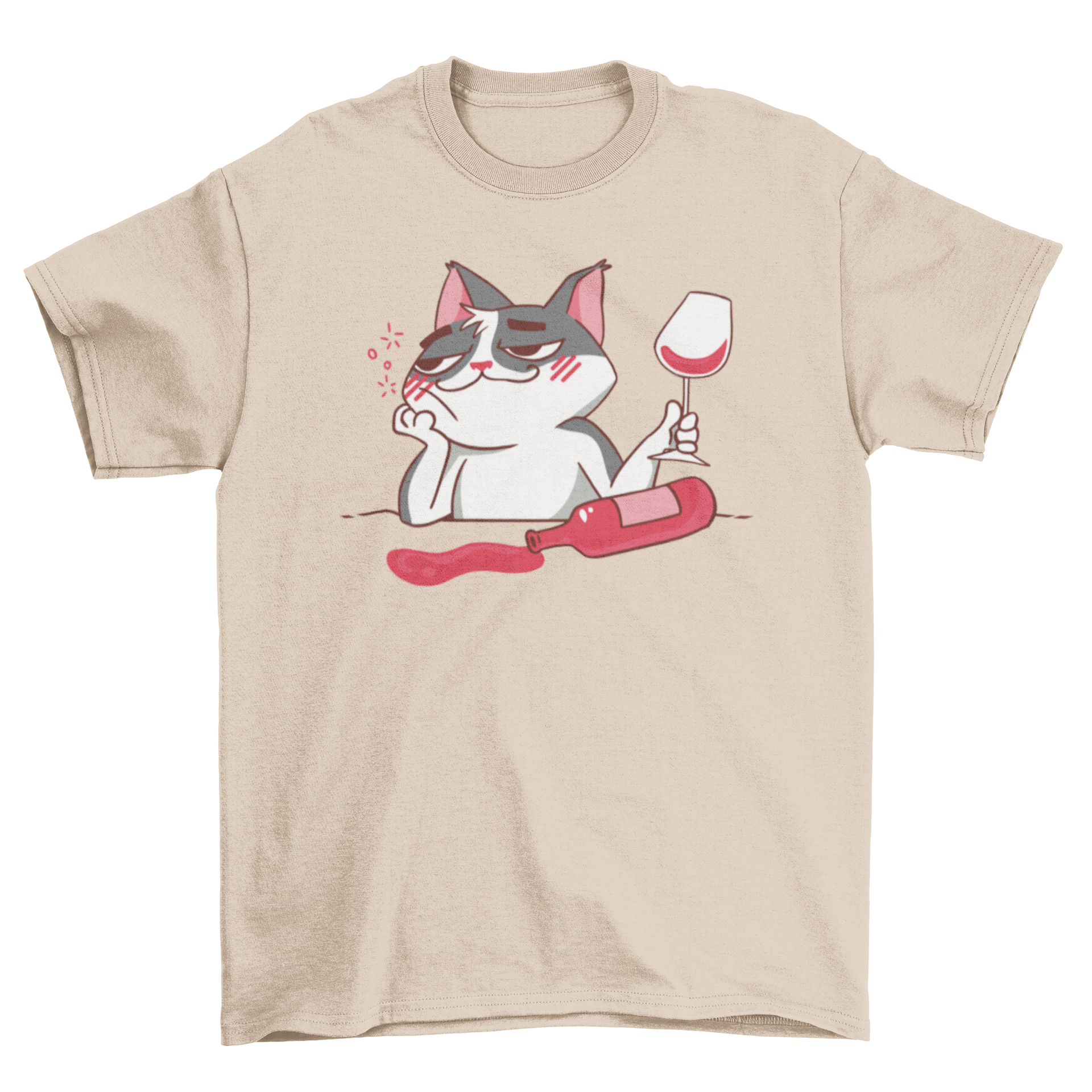 A humorous t-shirt featuring a cartoon cat drinking wine, showcasing a playful design perfect for cat and wine lovers.