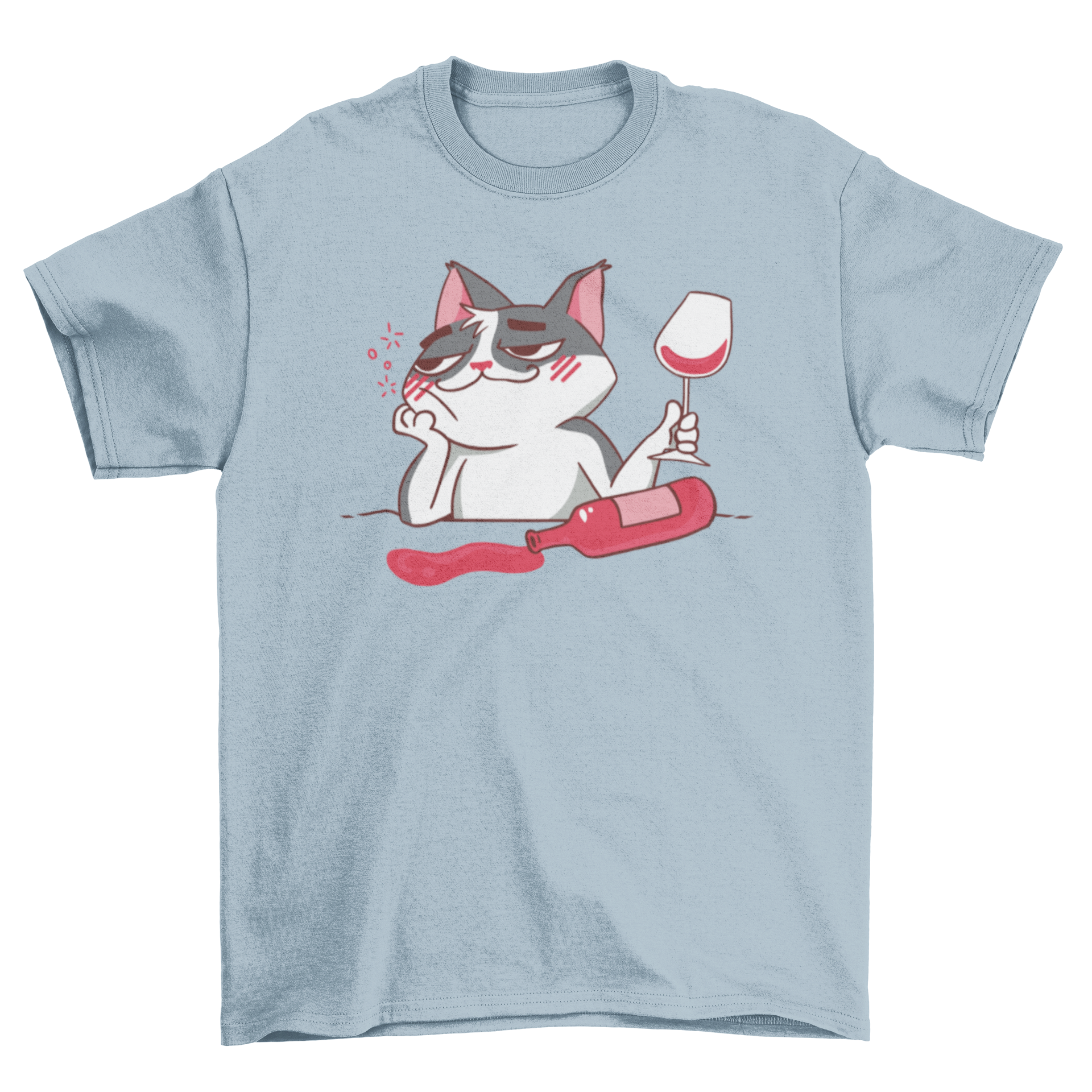 A humorous t-shirt featuring a cartoon cat drinking wine, showcasing a playful design perfect for cat and wine lovers.