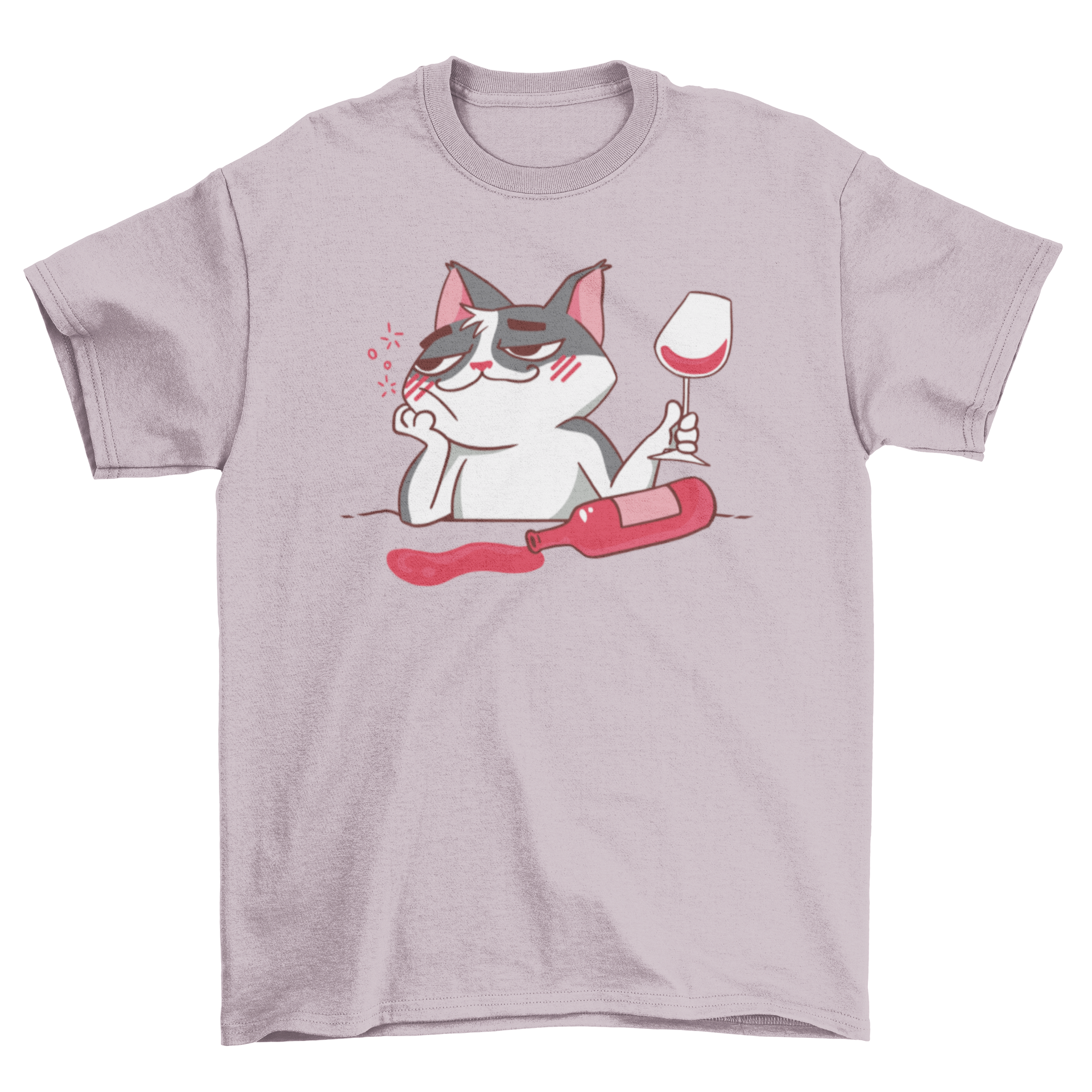 A humorous t-shirt featuring a cartoon cat drinking wine, showcasing a playful design perfect for cat and wine lovers.