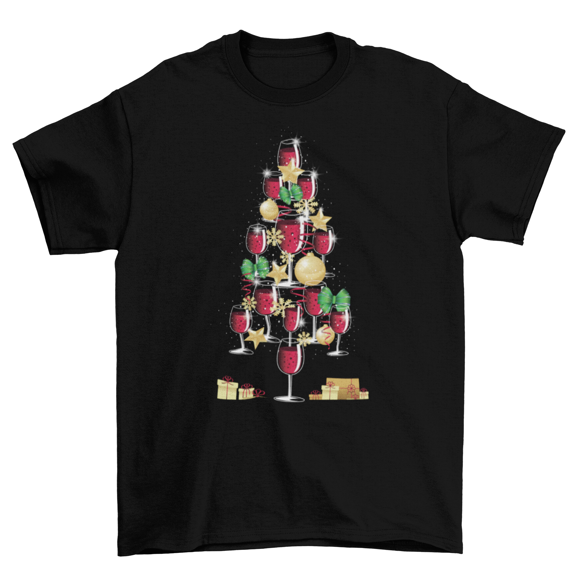 A festive t-shirt featuring a Christmas tree made of red wine glasses, decorated with ornaments, stars, ribbons, and presents underneath.