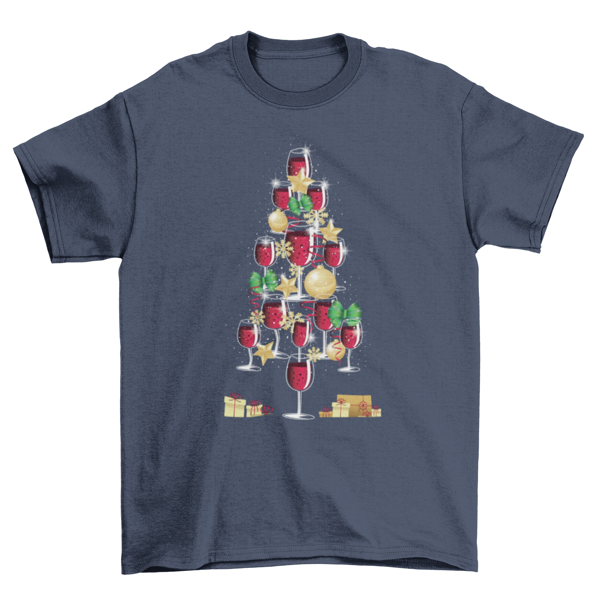 A festive t-shirt featuring a Christmas tree made of red wine glasses, decorated with ornaments, stars, ribbons, and presents underneath.