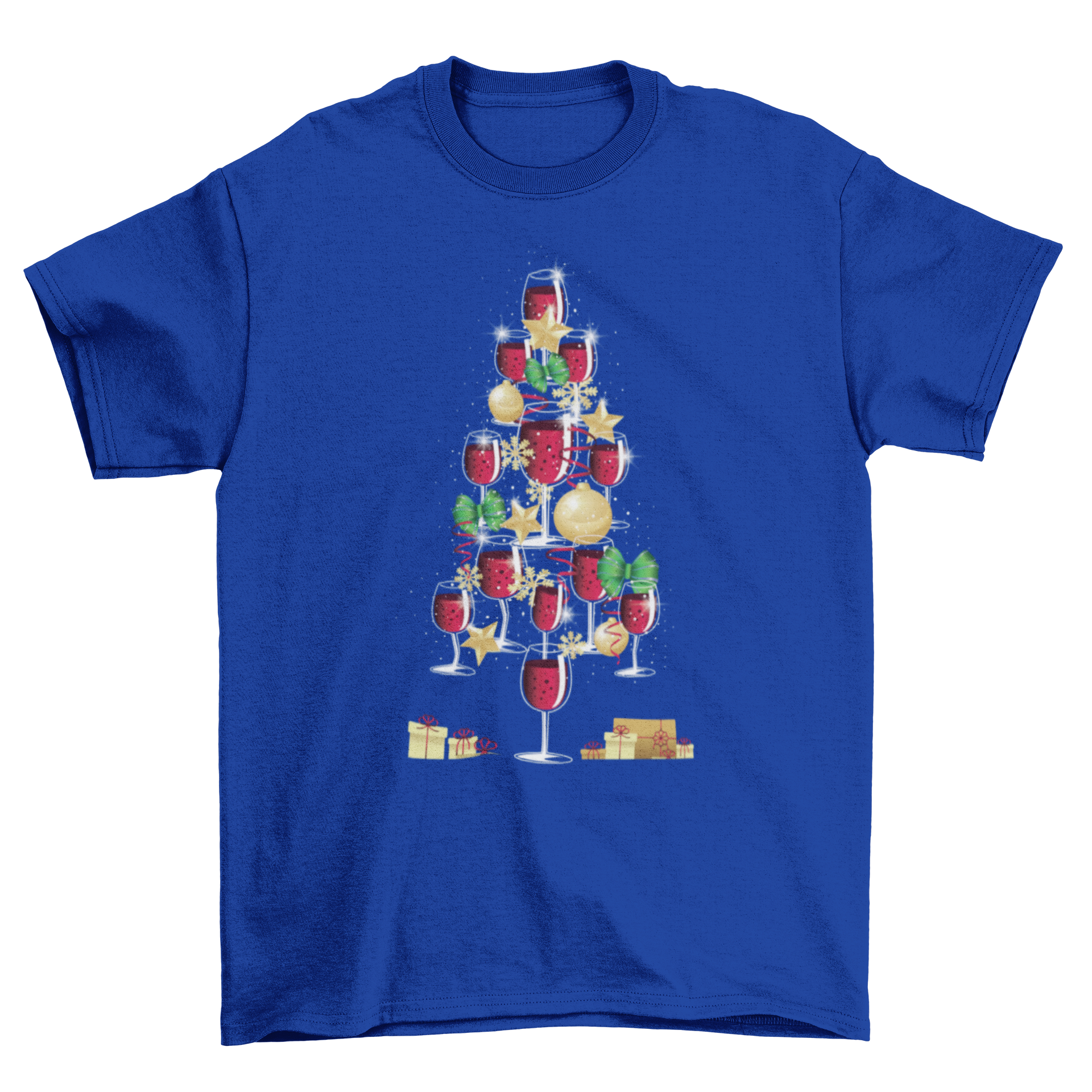 A festive t-shirt featuring a Christmas tree made of red wine glasses, decorated with ornaments, stars, ribbons, and presents underneath.