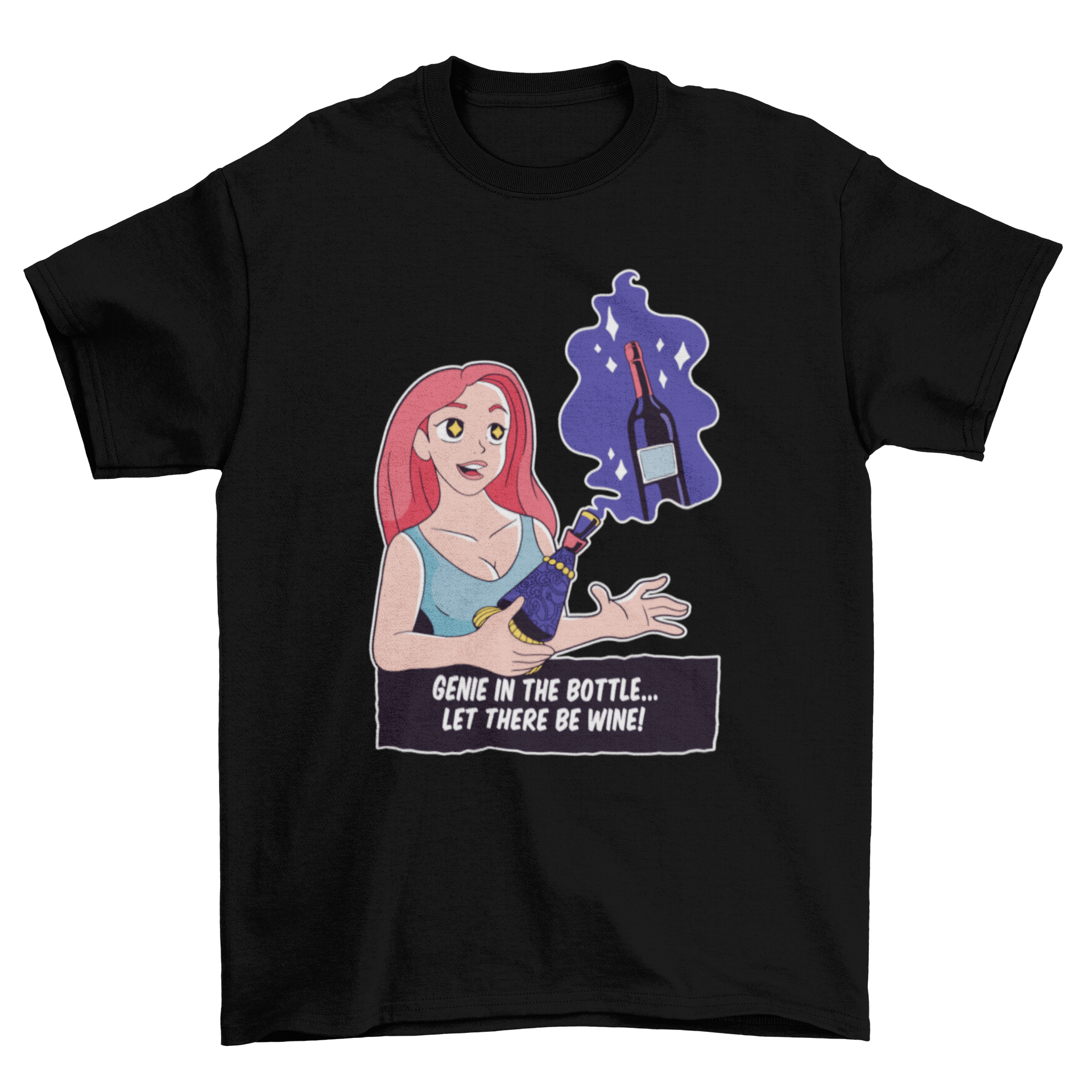 A humorous Wine Genie T-Shirt featuring a woman making a wish with the caption 'Genie in the !' in a playful design.