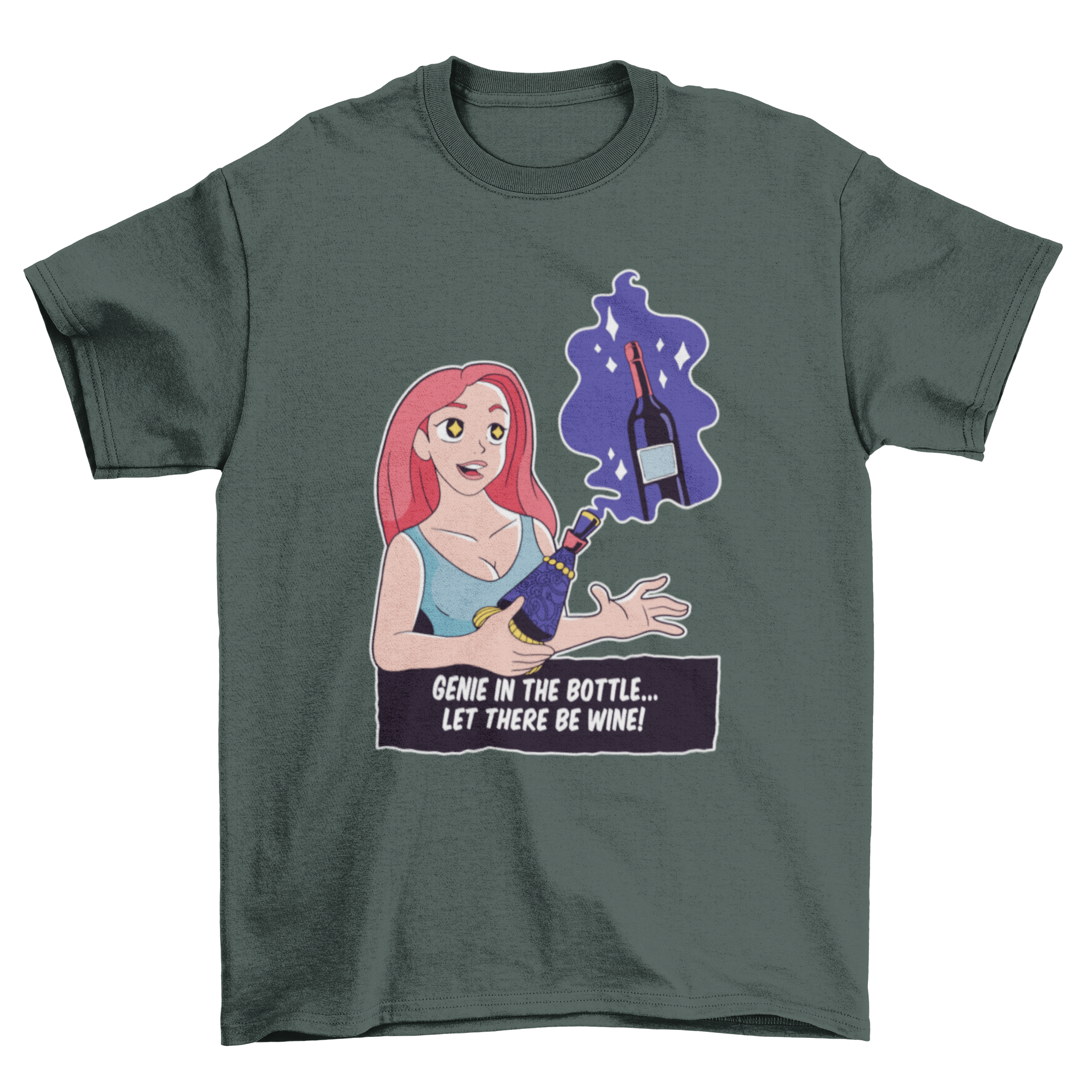 A humorous Wine Genie T-Shirt featuring a woman making a wish with the caption 'Genie in the !' in a playful design.