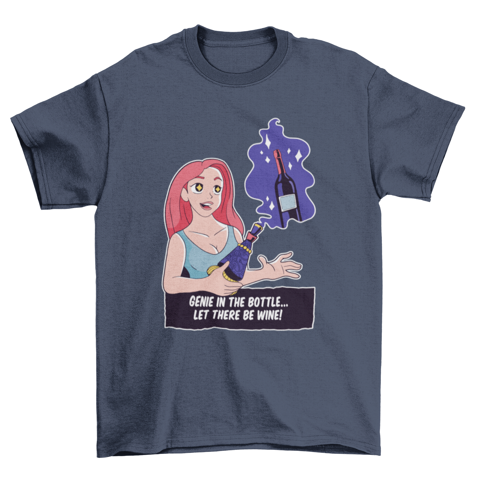 A humorous Wine Genie T-Shirt featuring a woman making a wish with the caption 'Genie in the !' in a playful design.