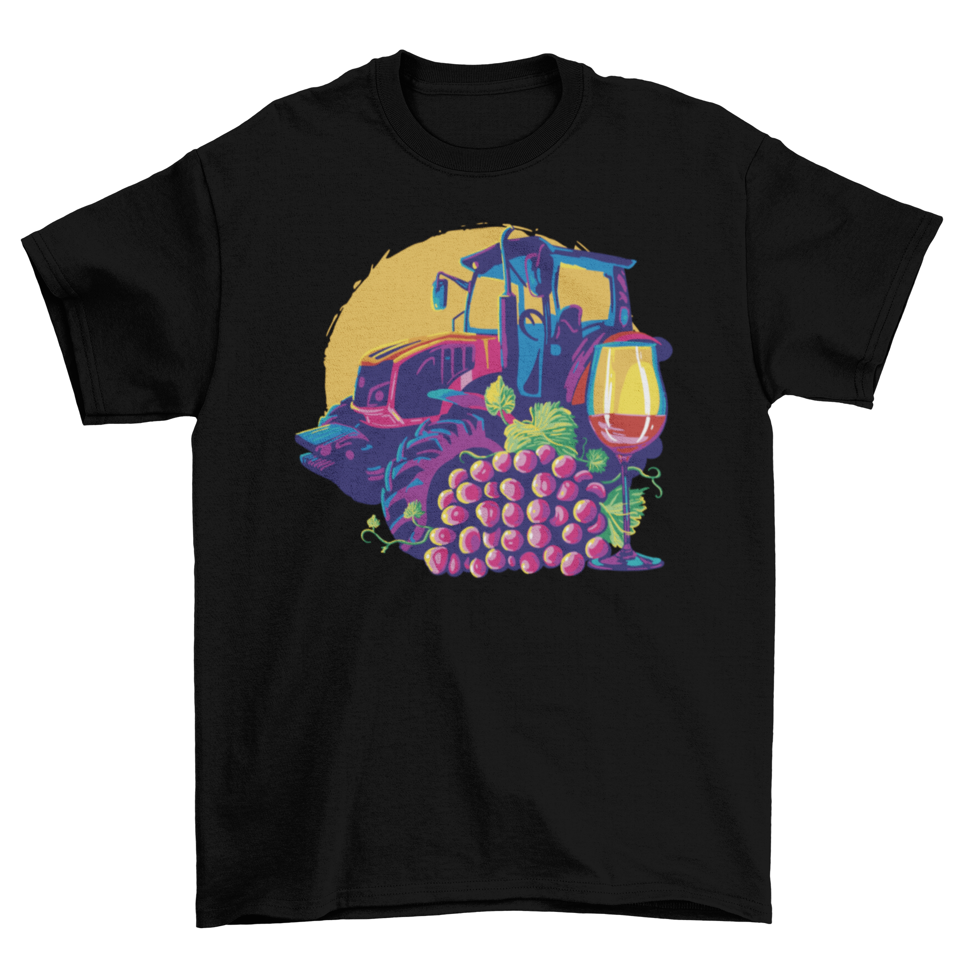 Winemaker Vintner T-Shirt featuring a tractor, grapes, and a glass of wine design.