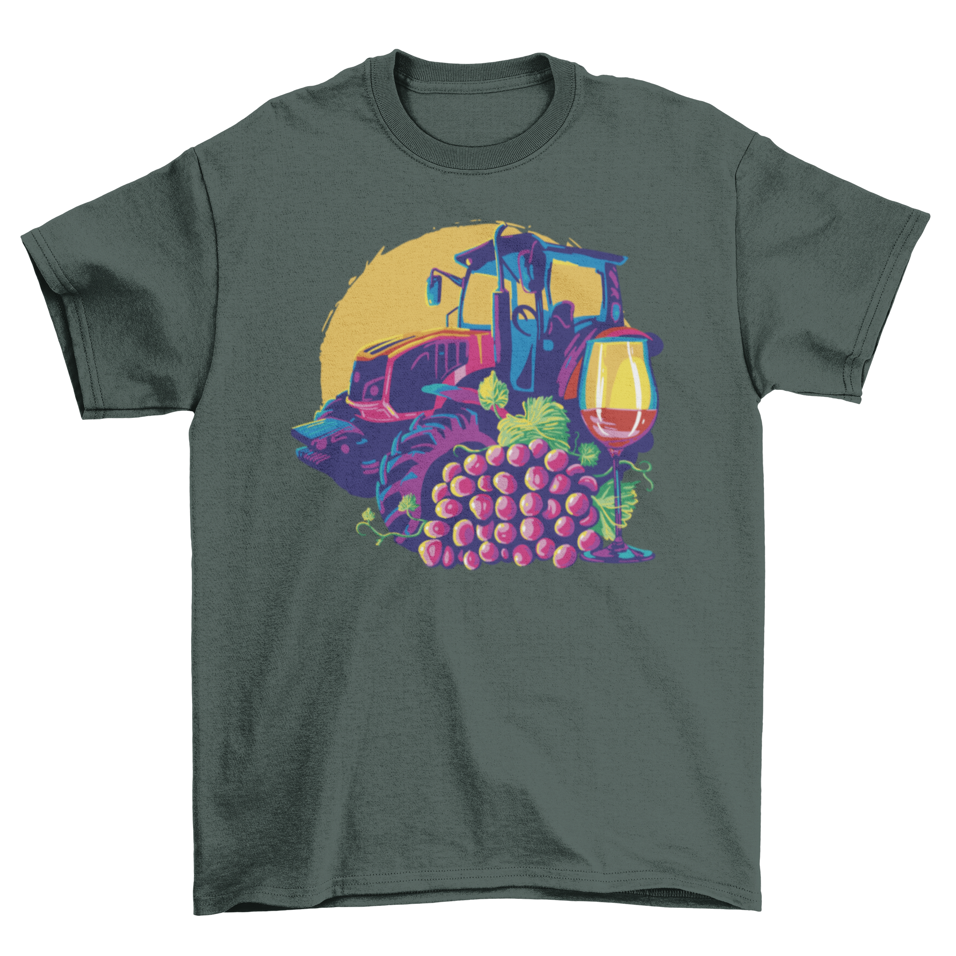 Winemaker Vintner T-Shirt featuring a tractor, grapes, and a glass of wine design.