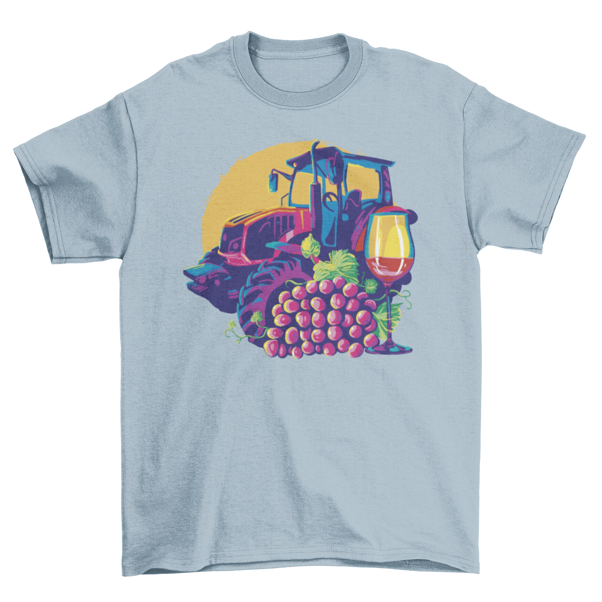 Winemaker Vintner T-Shirt featuring a tractor, grapes, and a glass of wine design.