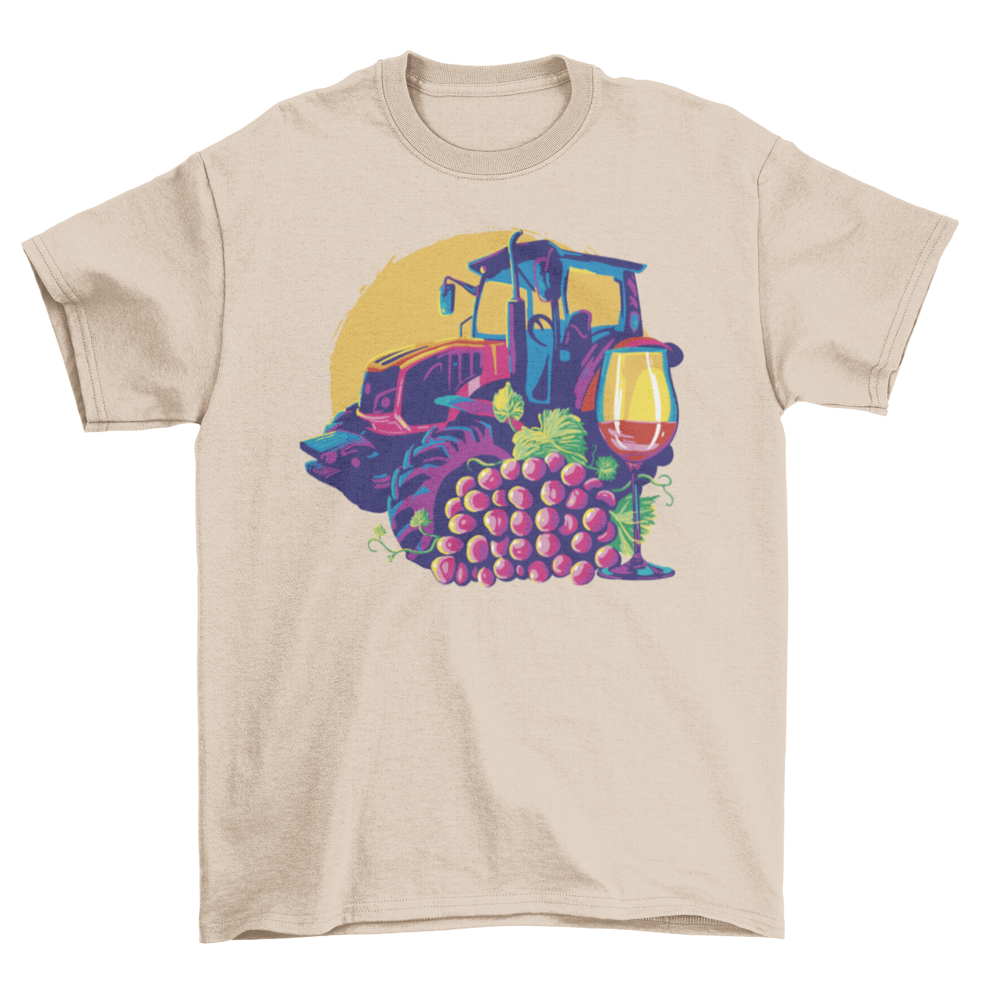 Winemaker Vintner T-Shirt featuring a tractor, grapes, and a glass of wine design.