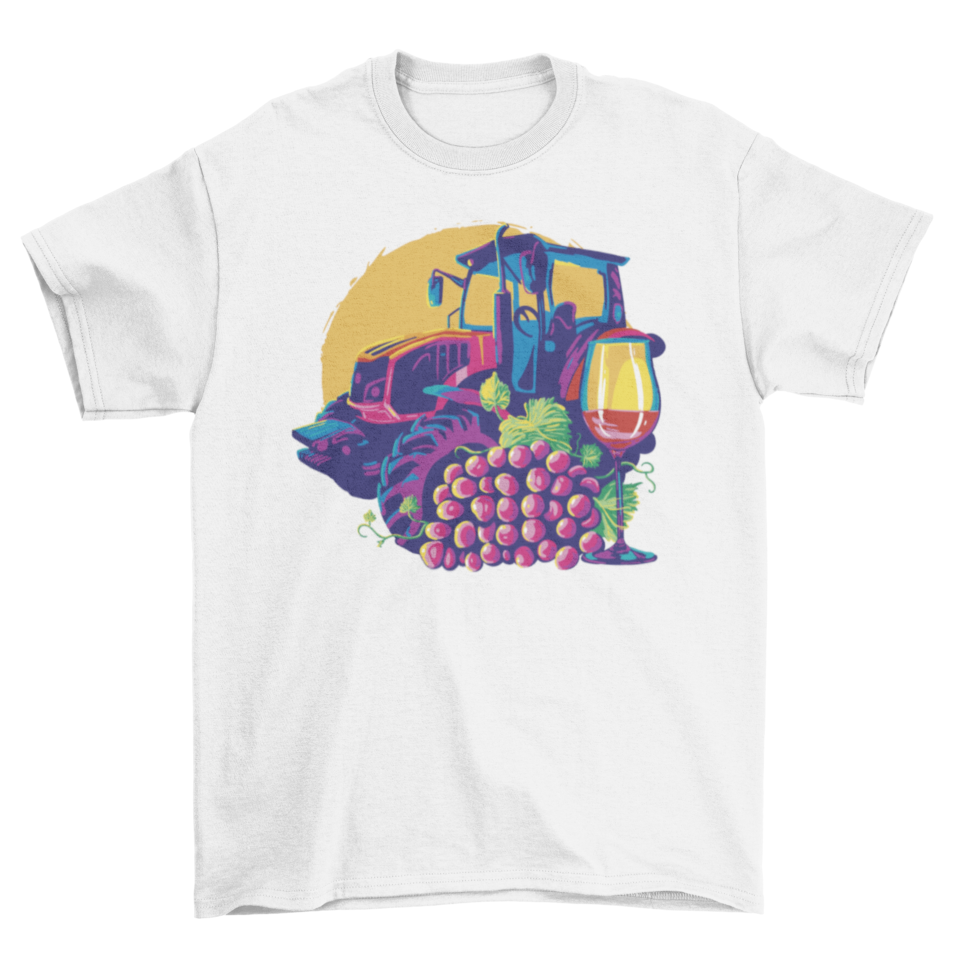 Winemaker Vintner T-Shirt featuring a tractor, grapes, and a glass of wine design.