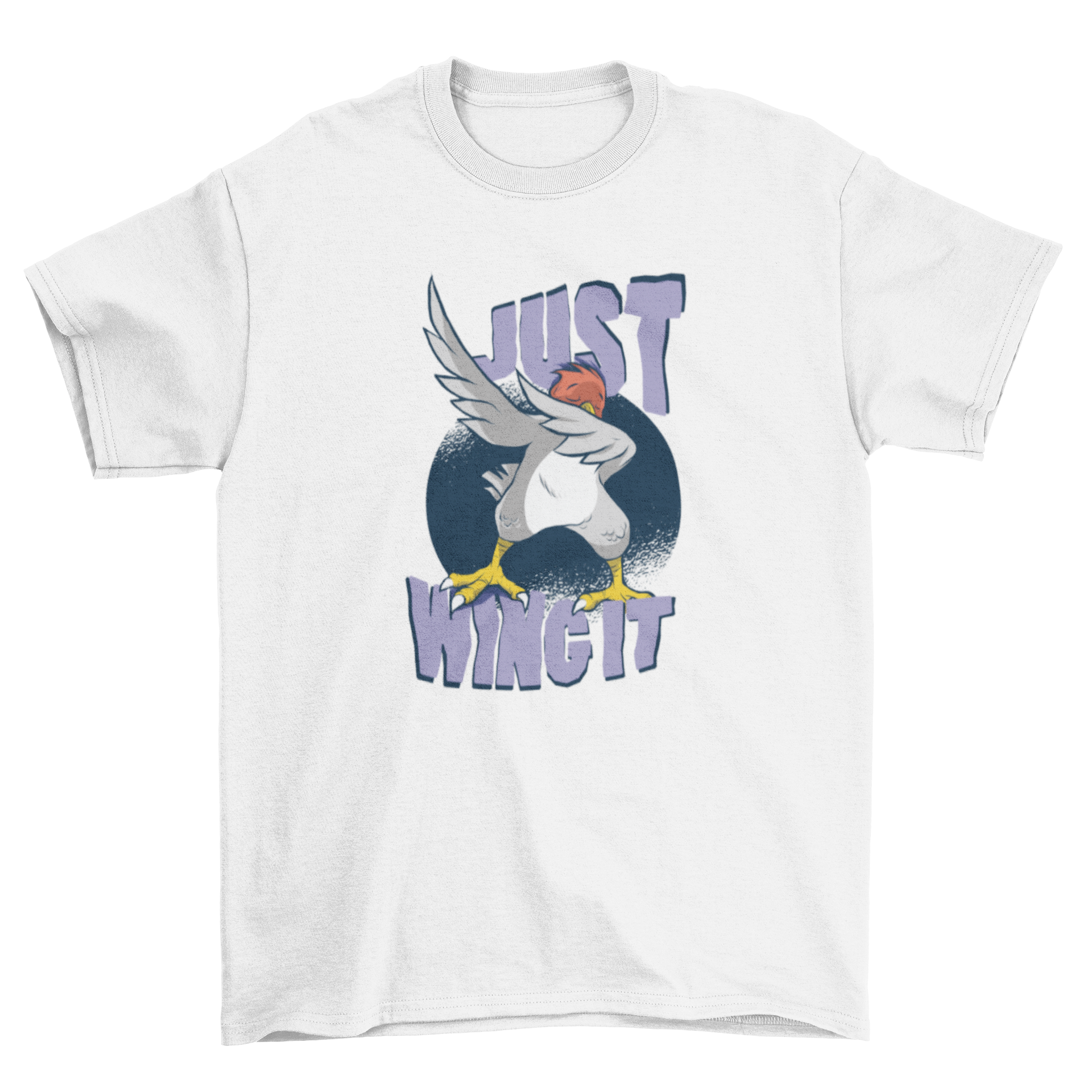 Wing It Bird T-Shirt featuring a cartoon bird dabbing with the text 'Just Wing It!' in vibrant colors.