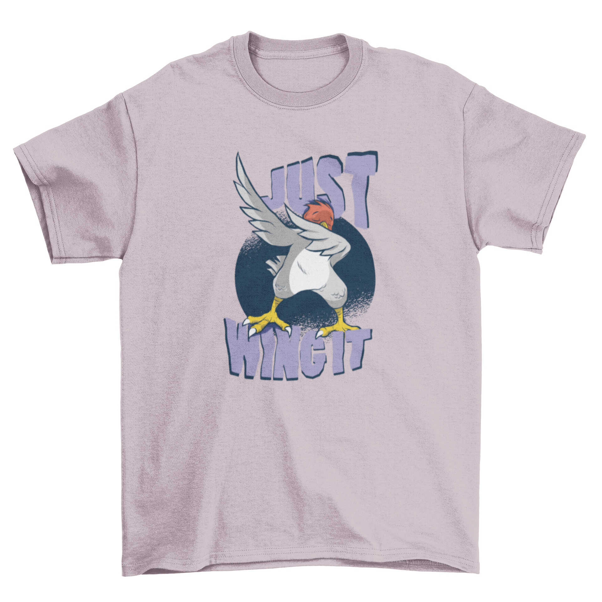 Wing It Bird T-Shirt featuring a cartoon bird dabbing with the text 'Just Wing It!' in vibrant colors.