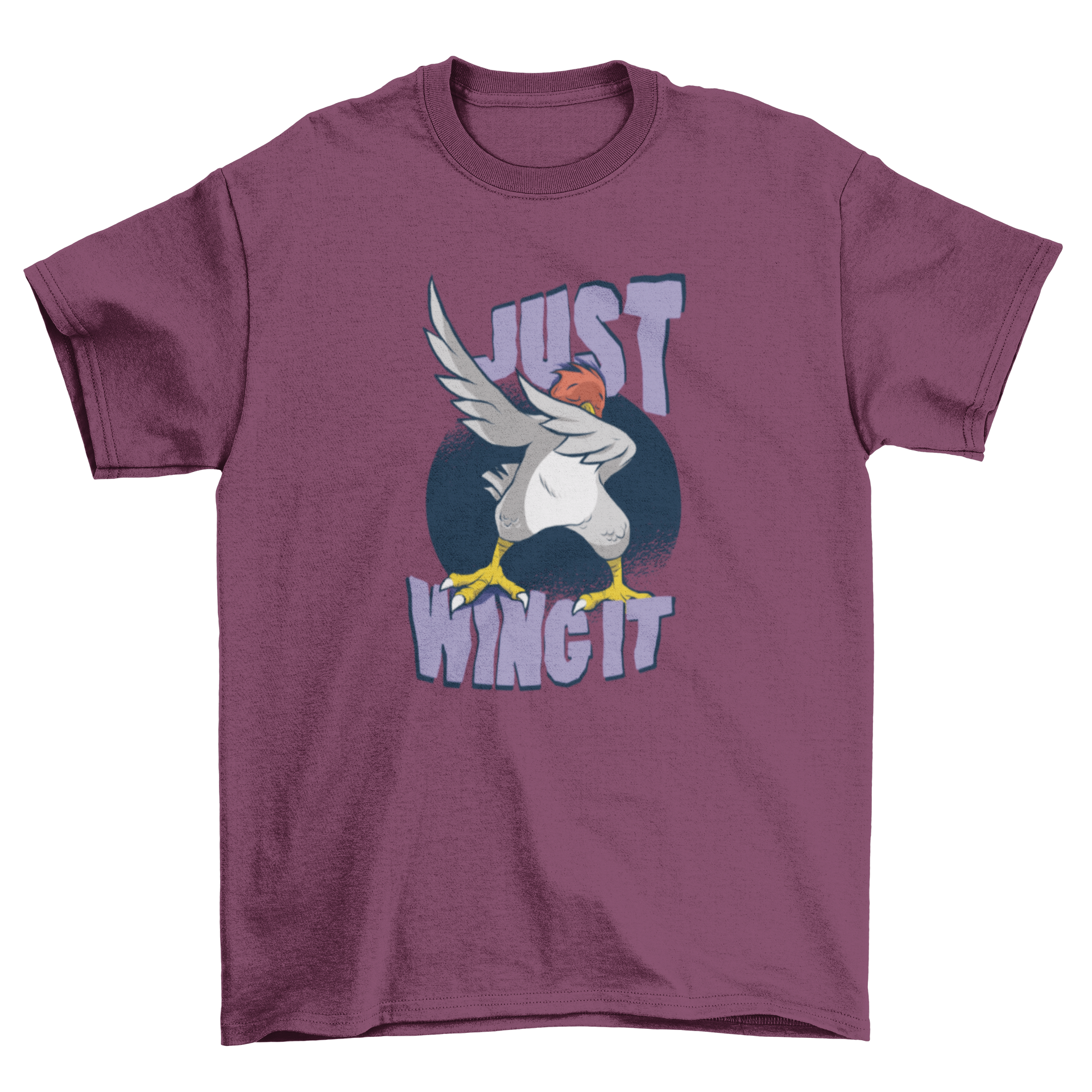 Wing It Bird T-Shirt featuring a cartoon bird dabbing with the text 'Just Wing It!' in vibrant colors.