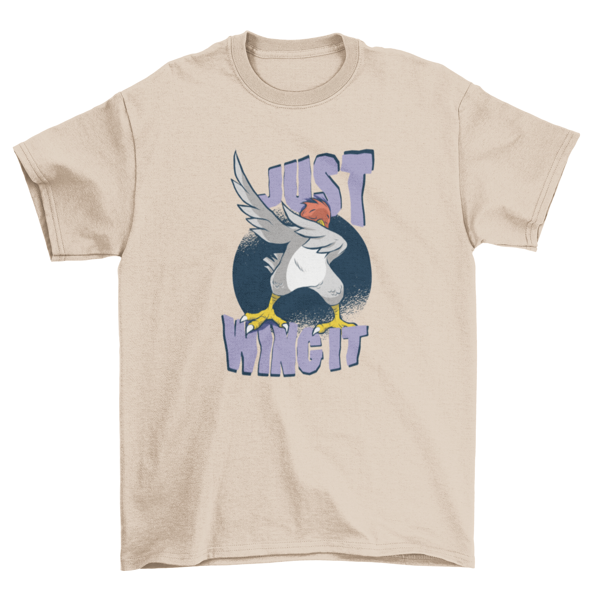 Wing It Bird T-Shirt featuring a cartoon bird dabbing with the text 'Just Wing It!' in vibrant colors.