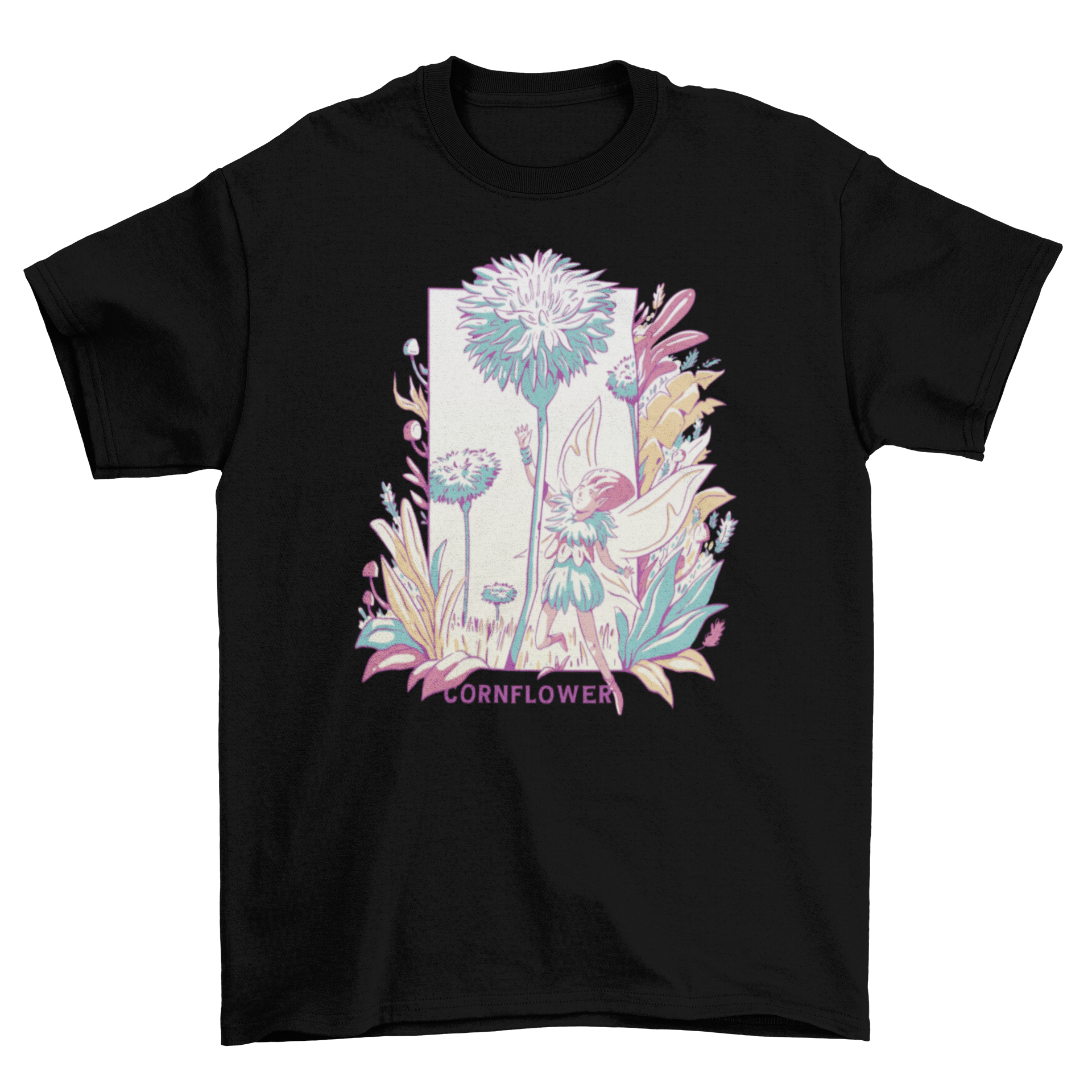 A whimsical t-shirt featuring a fairy flying among tall flowers with the quote 'Cornflower', perfect for fairycore enthusiasts.