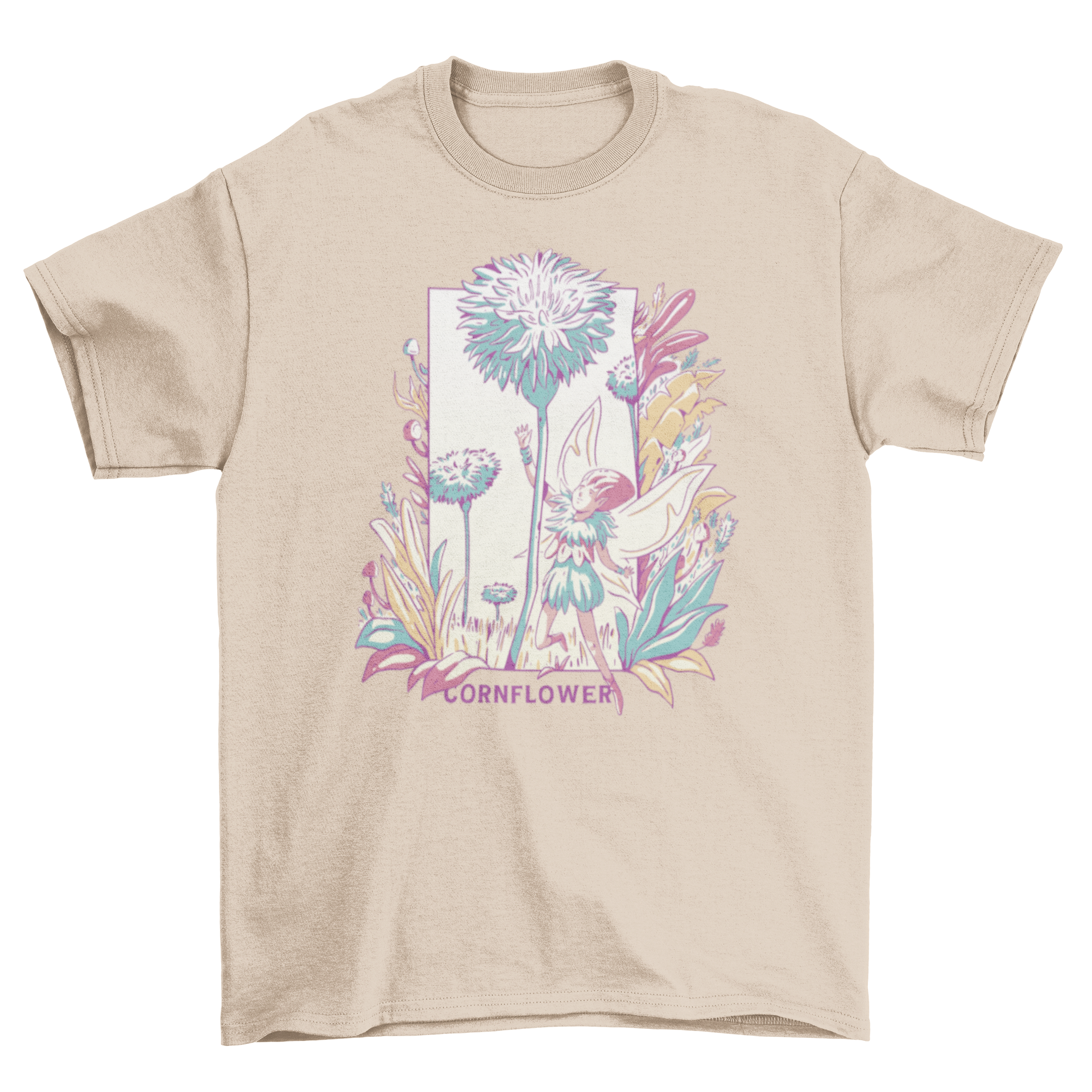 A whimsical t-shirt featuring a fairy flying among tall flowers with the quote 'Cornflower', perfect for fairycore enthusiasts.