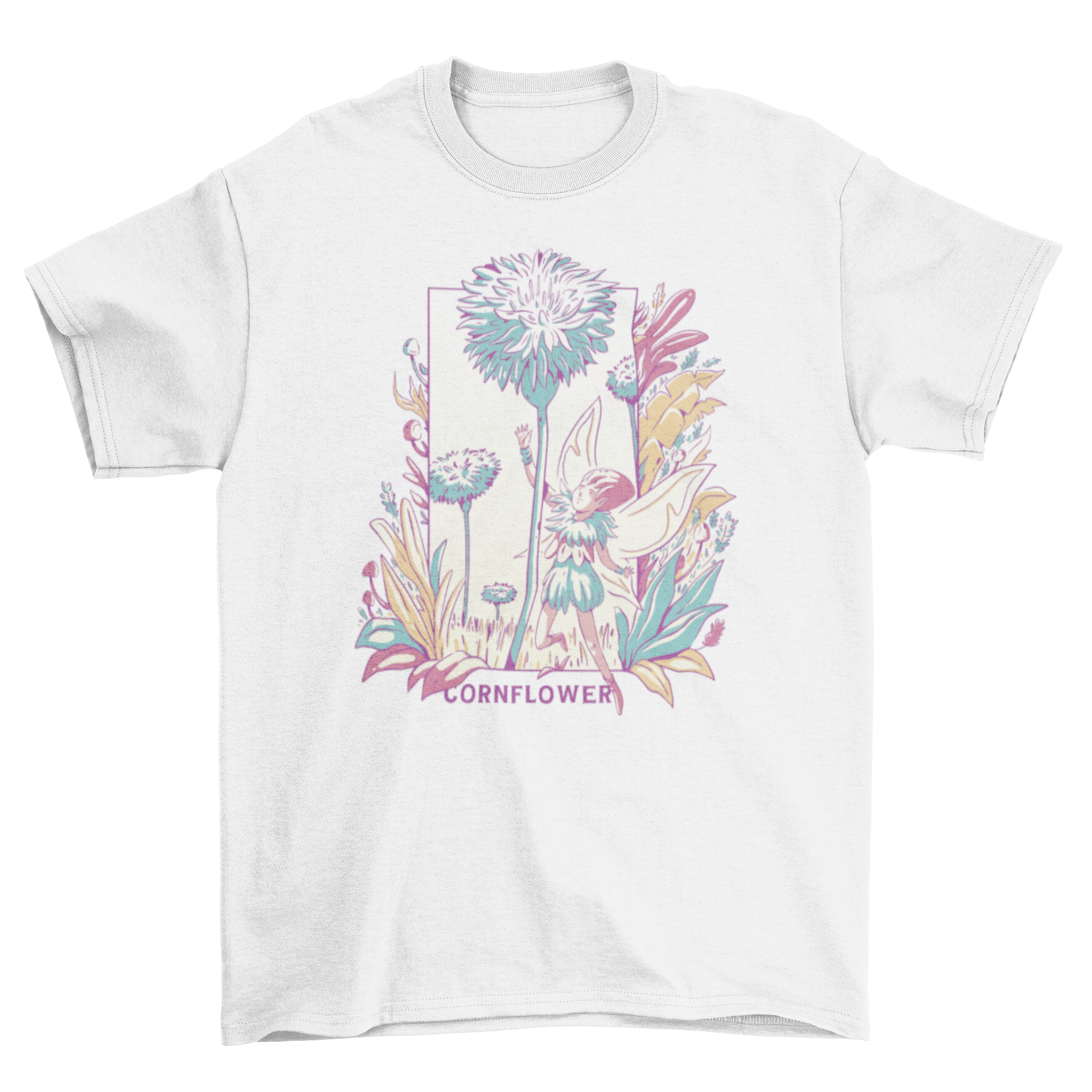 A whimsical t-shirt featuring a fairy flying among tall flowers with the quote 'Cornflower', perfect for fairycore enthusiasts.