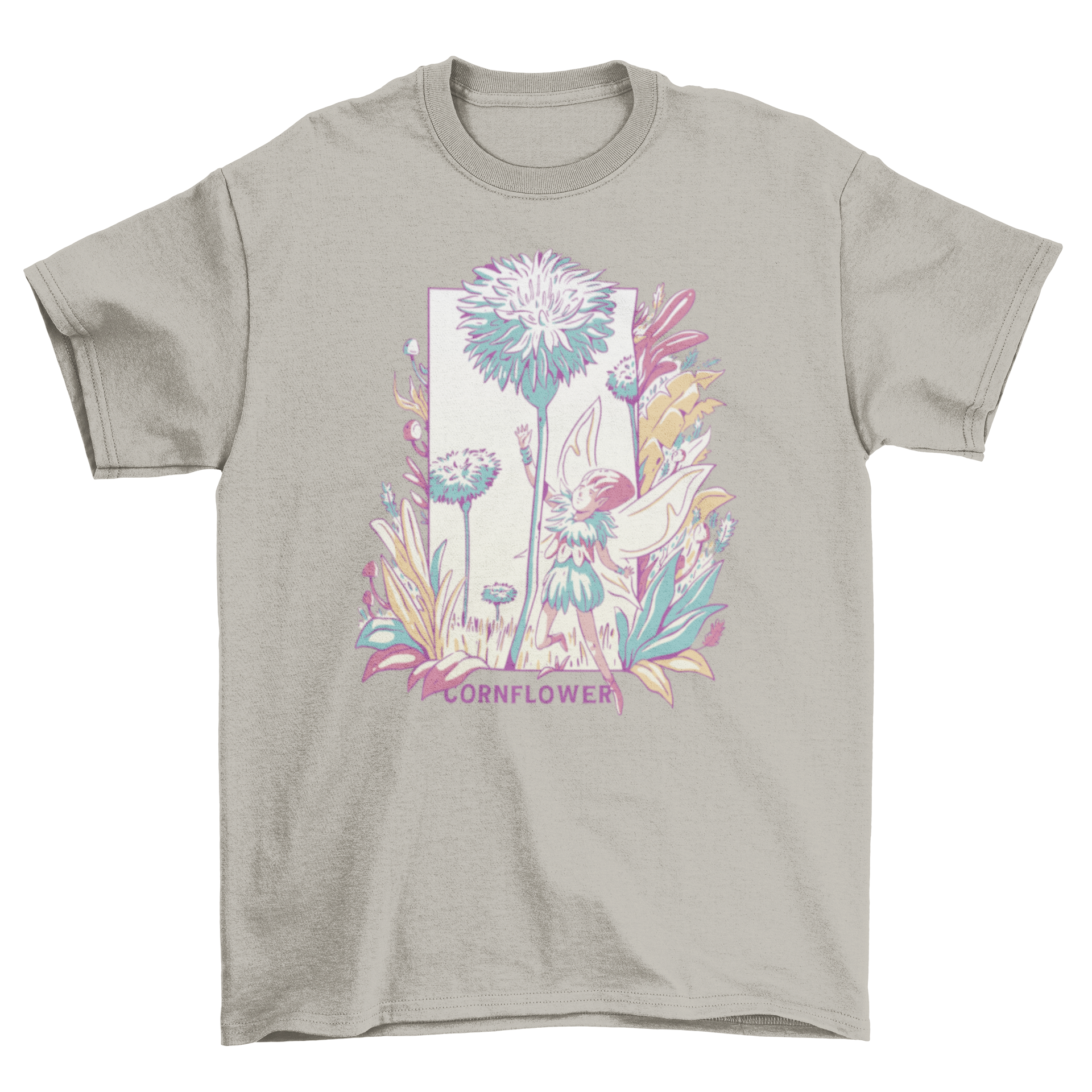 A whimsical t-shirt featuring a fairy flying among tall flowers with the quote 'Cornflower', perfect for fairycore enthusiasts.