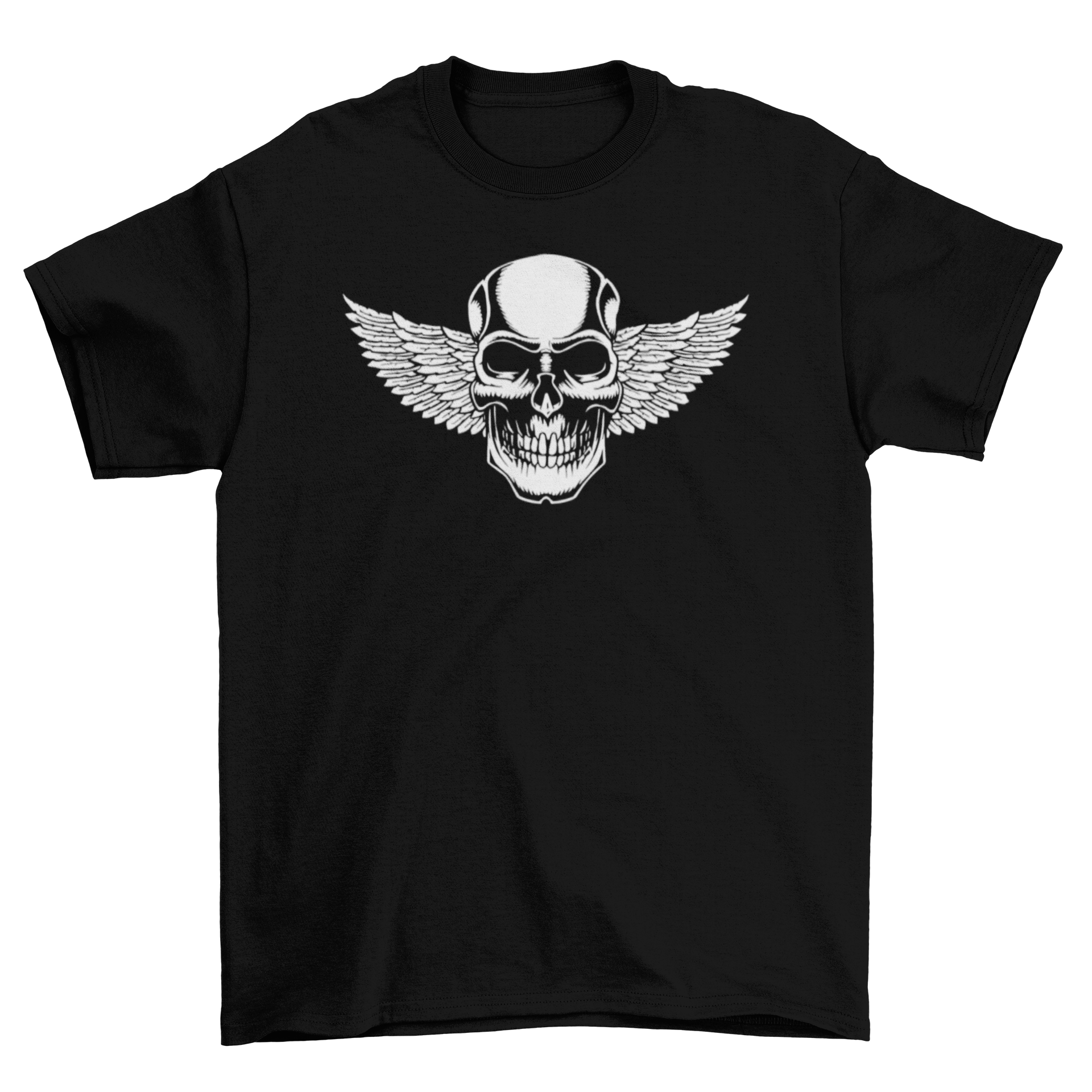 A black t-shirt featuring a detailed illustration of a skull with wings, showcasing a unique and edgy design.