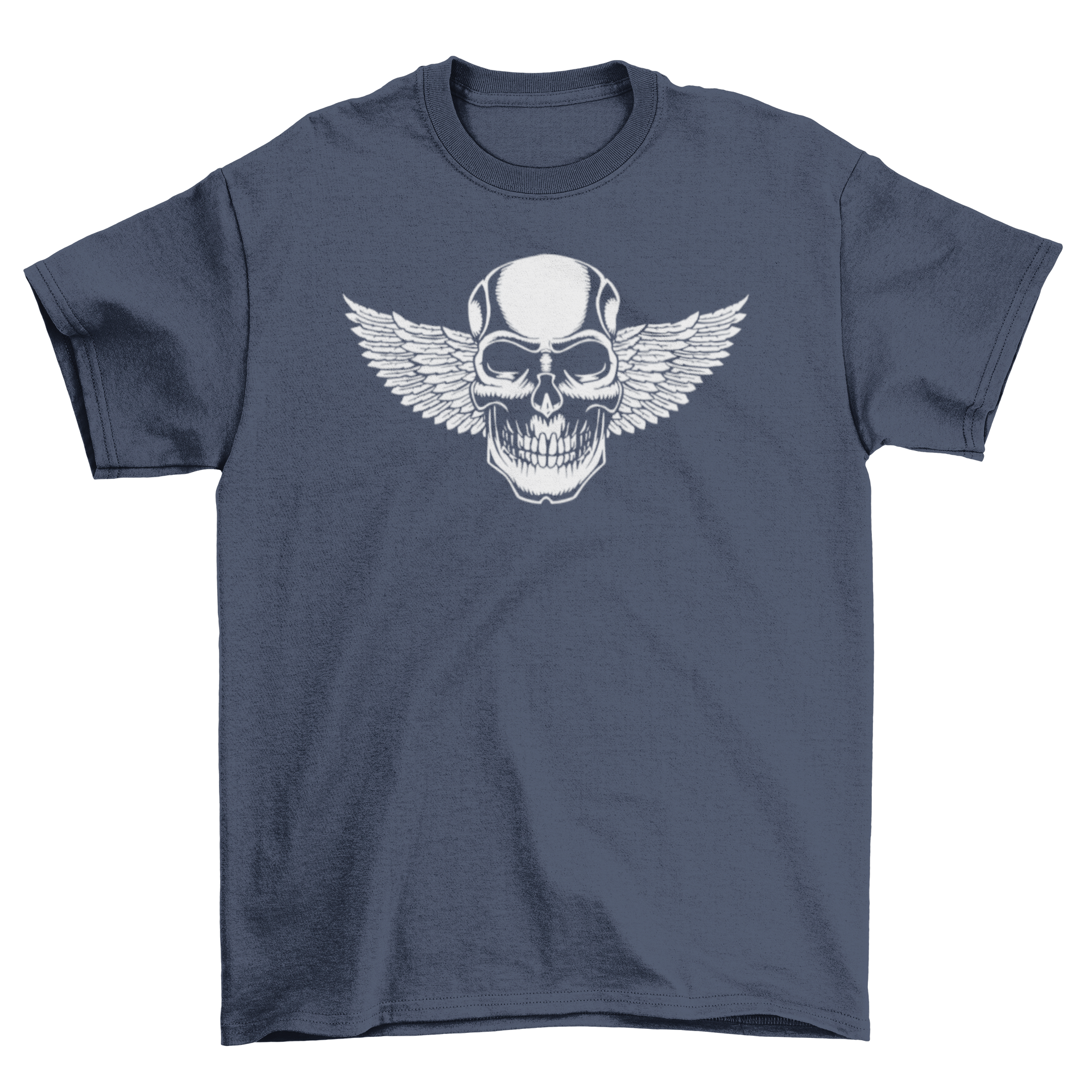 A black t-shirt featuring a detailed illustration of a skull with wings, showcasing a unique and edgy design.