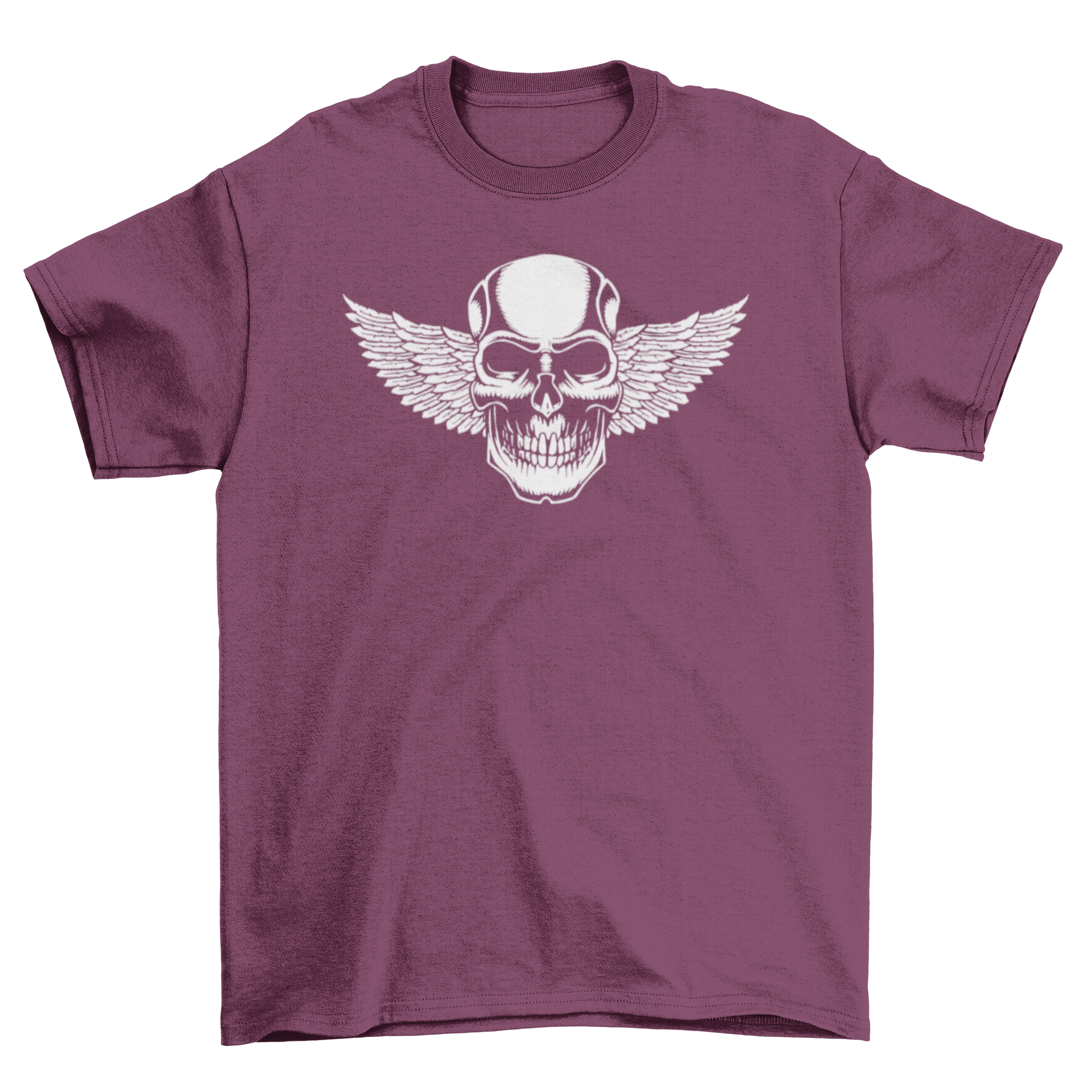 A black t-shirt featuring a detailed illustration of a skull with wings, showcasing a unique and edgy design.