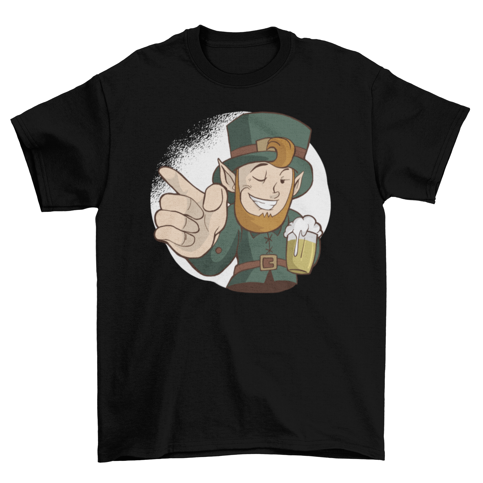 Winking Leprechaun T-Shirt featuring a cheerful leprechaun with a winking face holding a cold beer, perfect for St. Patrick's Day.