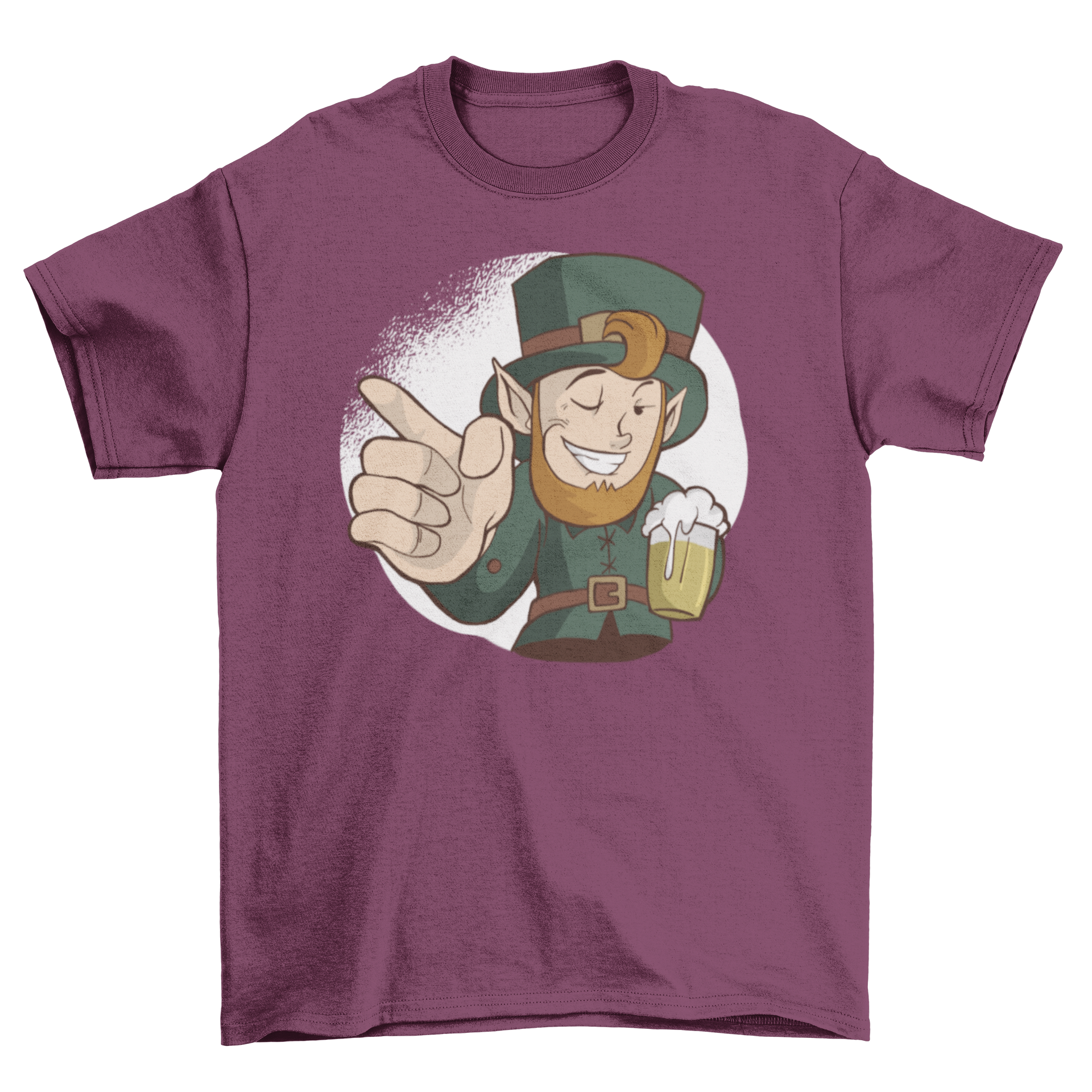 Winking Leprechaun T-Shirt featuring a cheerful leprechaun with a winking face holding a cold beer, perfect for St. Patrick's Day.