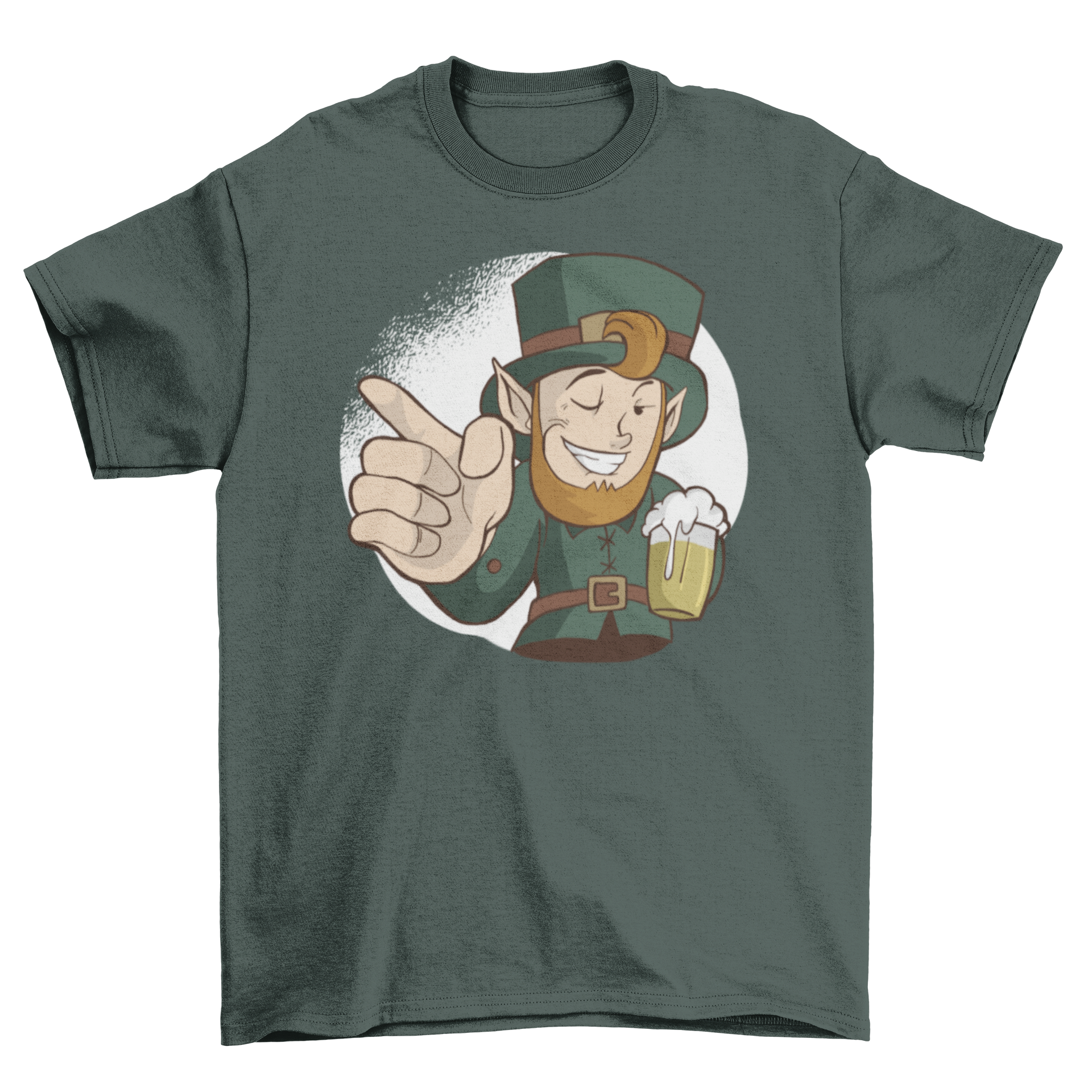 Winking Leprechaun T-Shirt featuring a cheerful leprechaun with a winking face holding a cold beer, perfect for St. Patrick's Day.