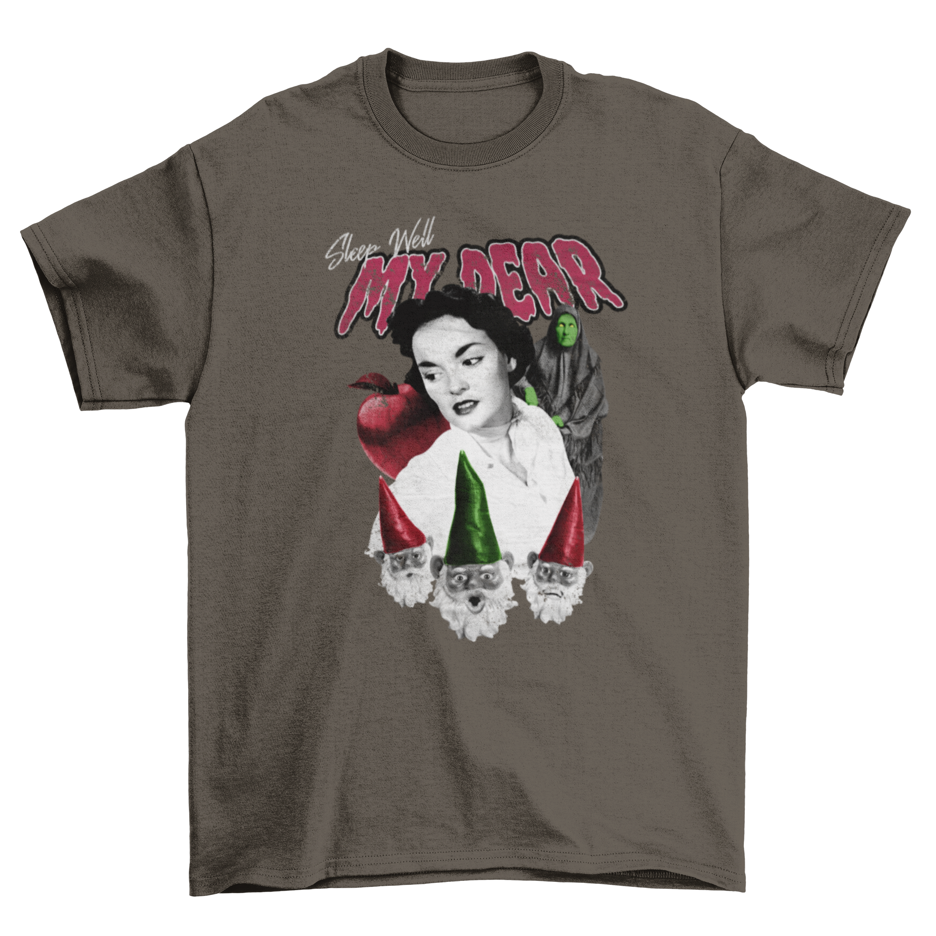 A whimsical t-shirt design featuring a girl, gnomes, a witch, and an apple with the quote 'Sleep well my dear'.