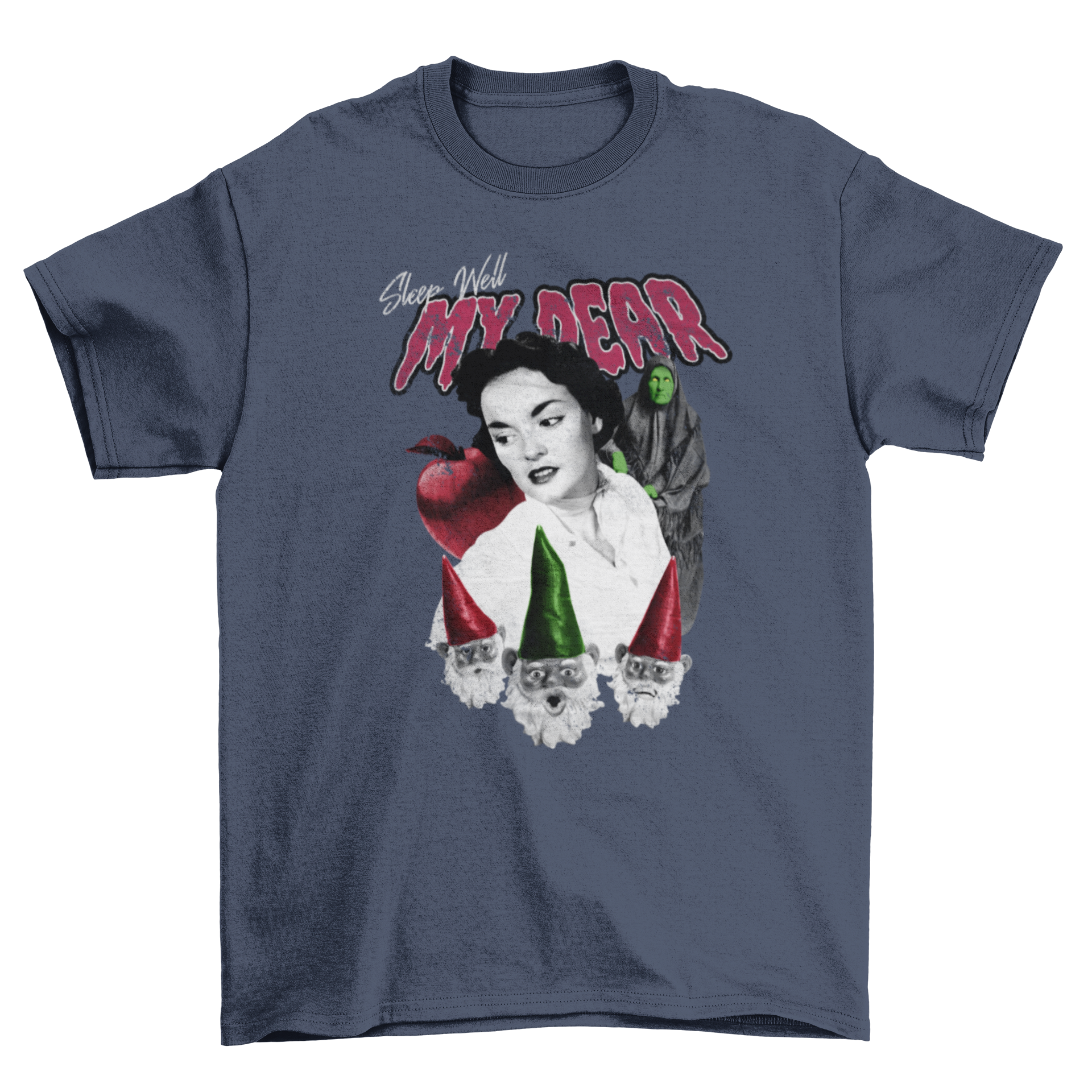 A whimsical t-shirt design featuring a girl, gnomes, a witch, and an apple with the quote 'Sleep well my dear'.